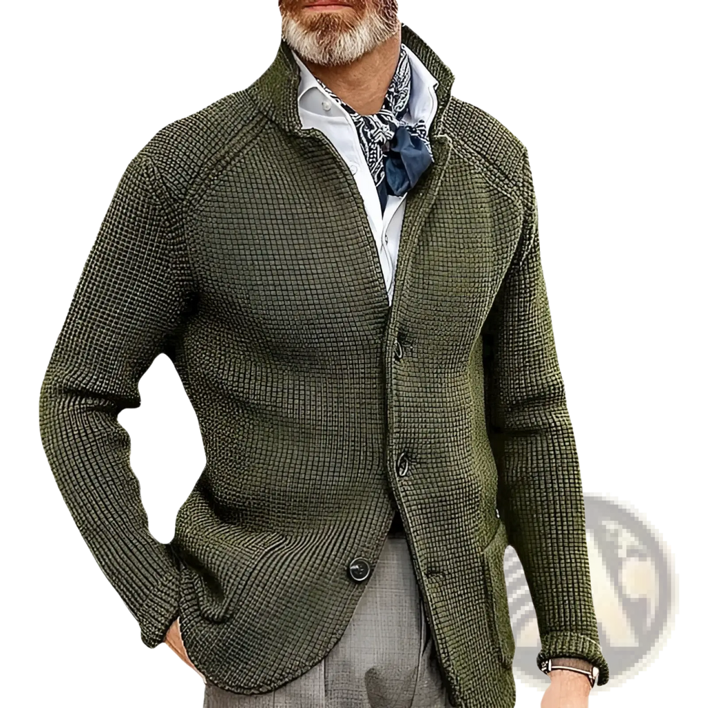 Men’s olive green knitted cardigan with stand collar and button closure featuring a textured knit design