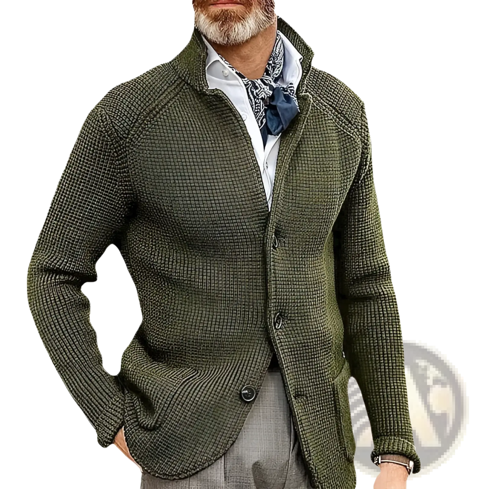Men’s olive green knitted cardigan with stand collar and button closure featuring a textured knit design
