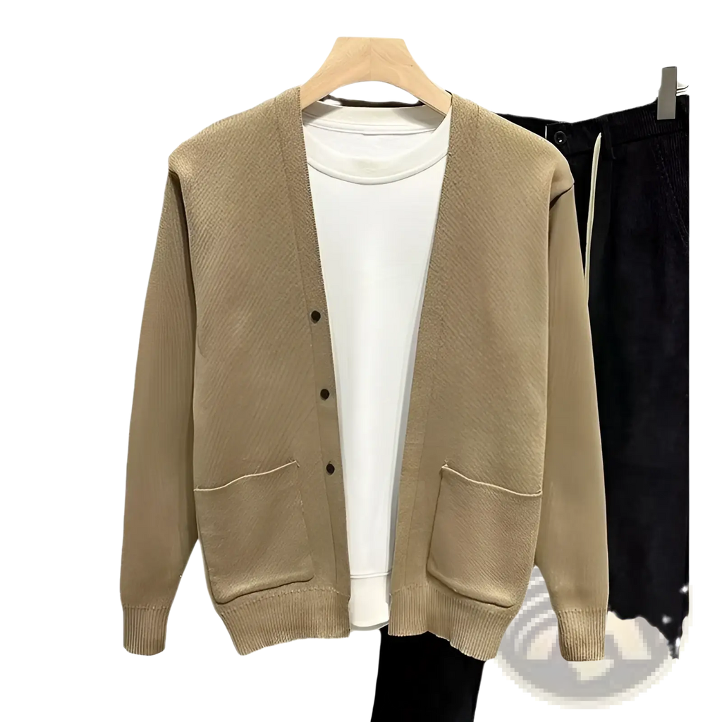 Beige men’s knitted cardigan sweater with textured knit, front button closure, and two patch pockets