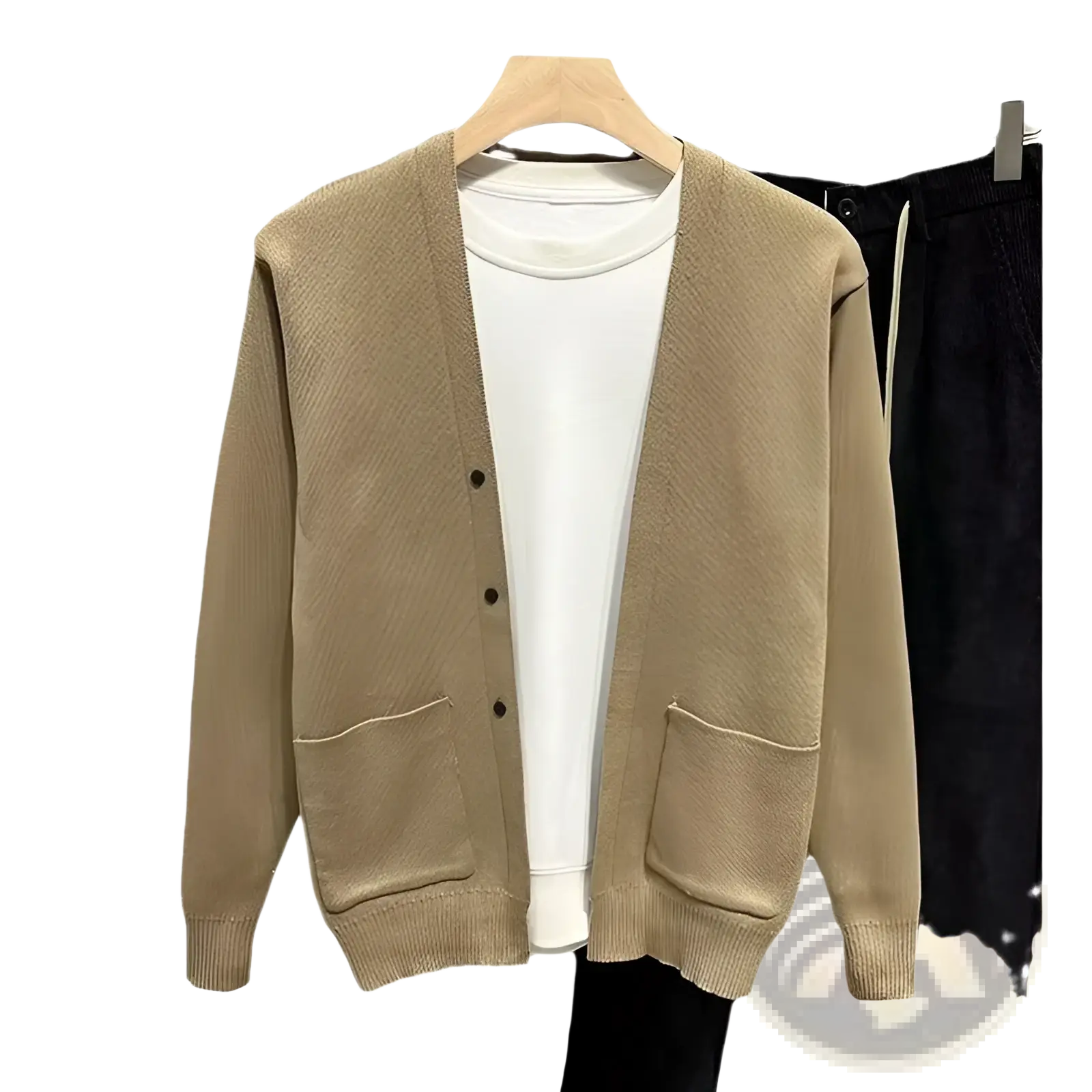 Beige men’s knitted cardigan sweater with textured knit, front button closure, and two patch pockets