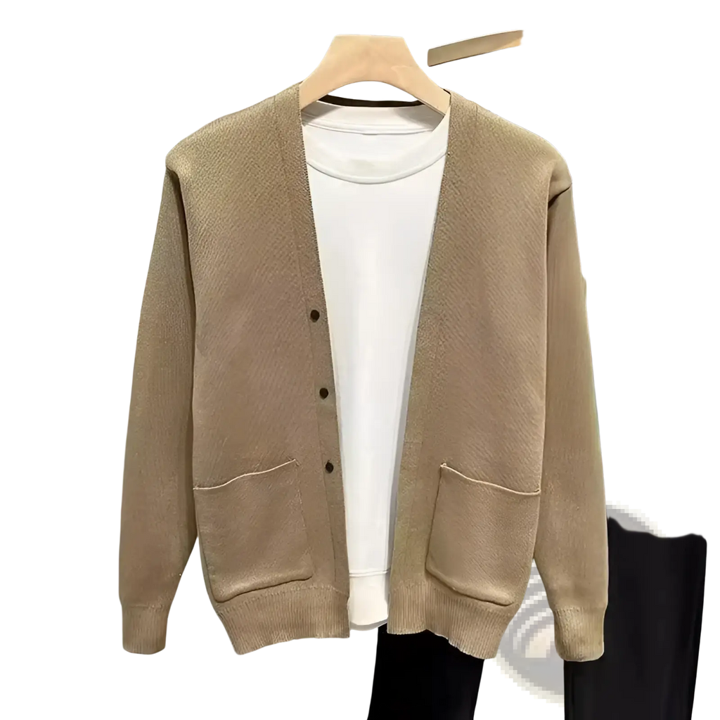 Beige men’s knitted cardigan sweater made of textured knit with front button closure and two patch pockets