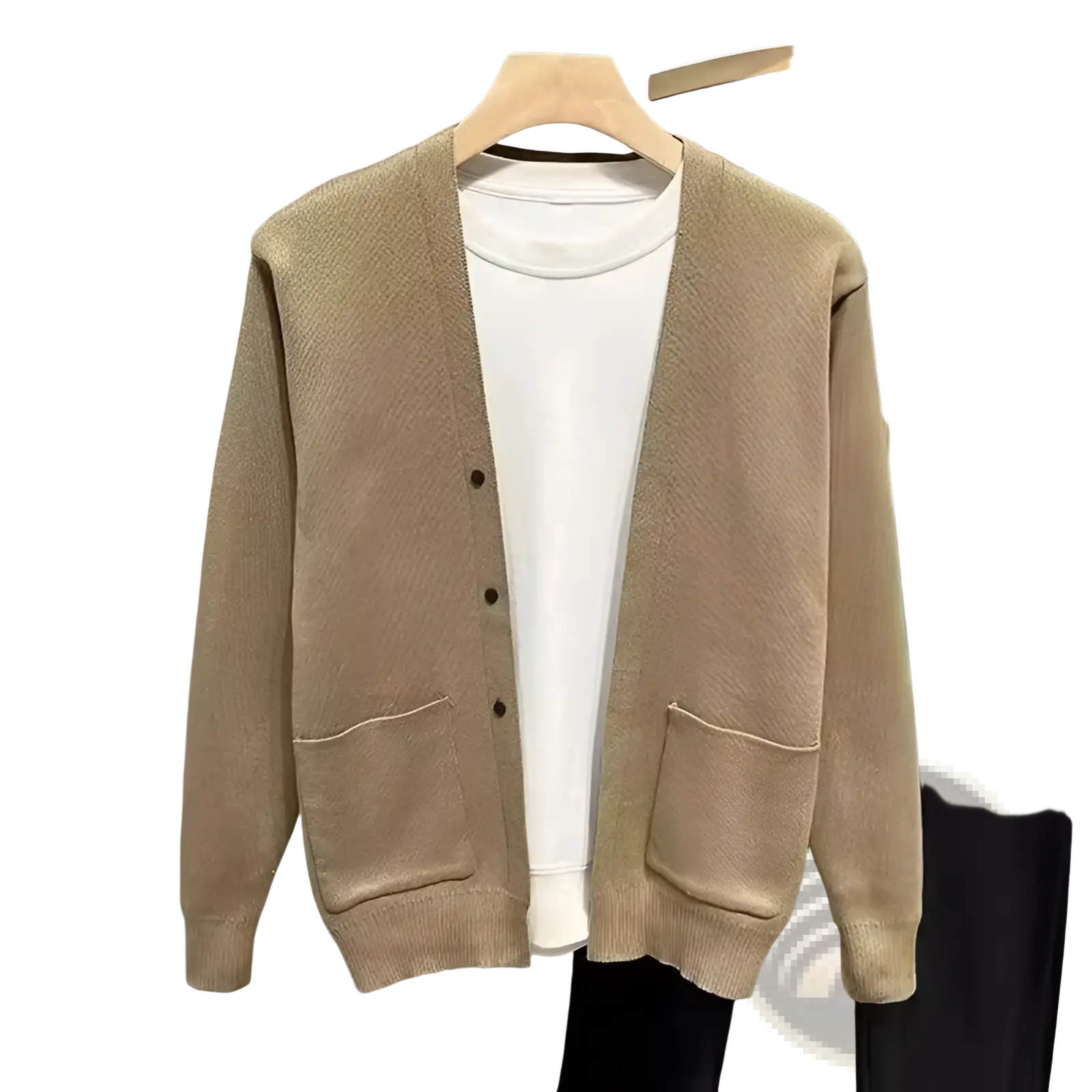 Beige men’s knitted cardigan sweater made of textured knit with front button closure and two patch pockets