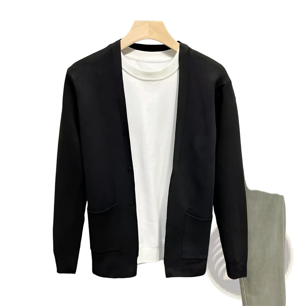 Men’s knitted cardigan sweater in black knit with button closure and two front pockets for casual wear