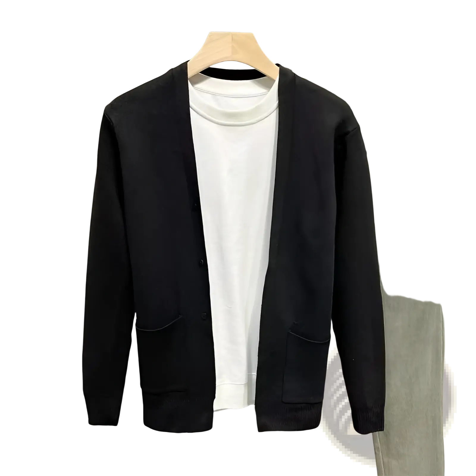 Men’s knitted cardigan sweater in black knit with button closure and two front pockets for casual wear