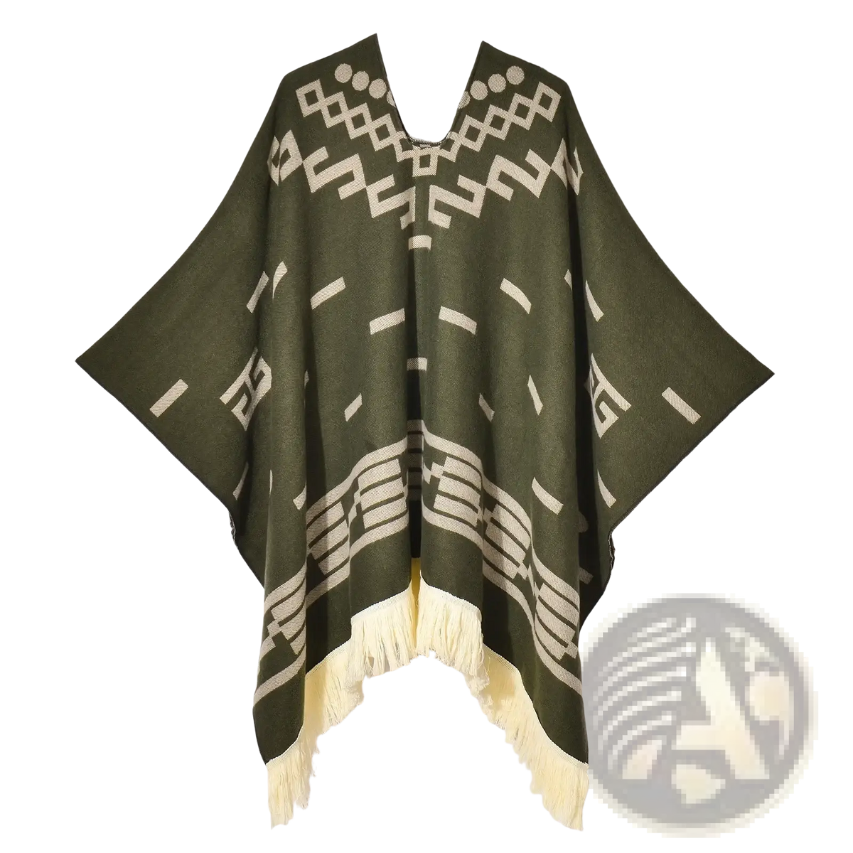 Men’s knitted winter poncho shawl in olive green with cream geometric patterns and fringe trim shown from the back side