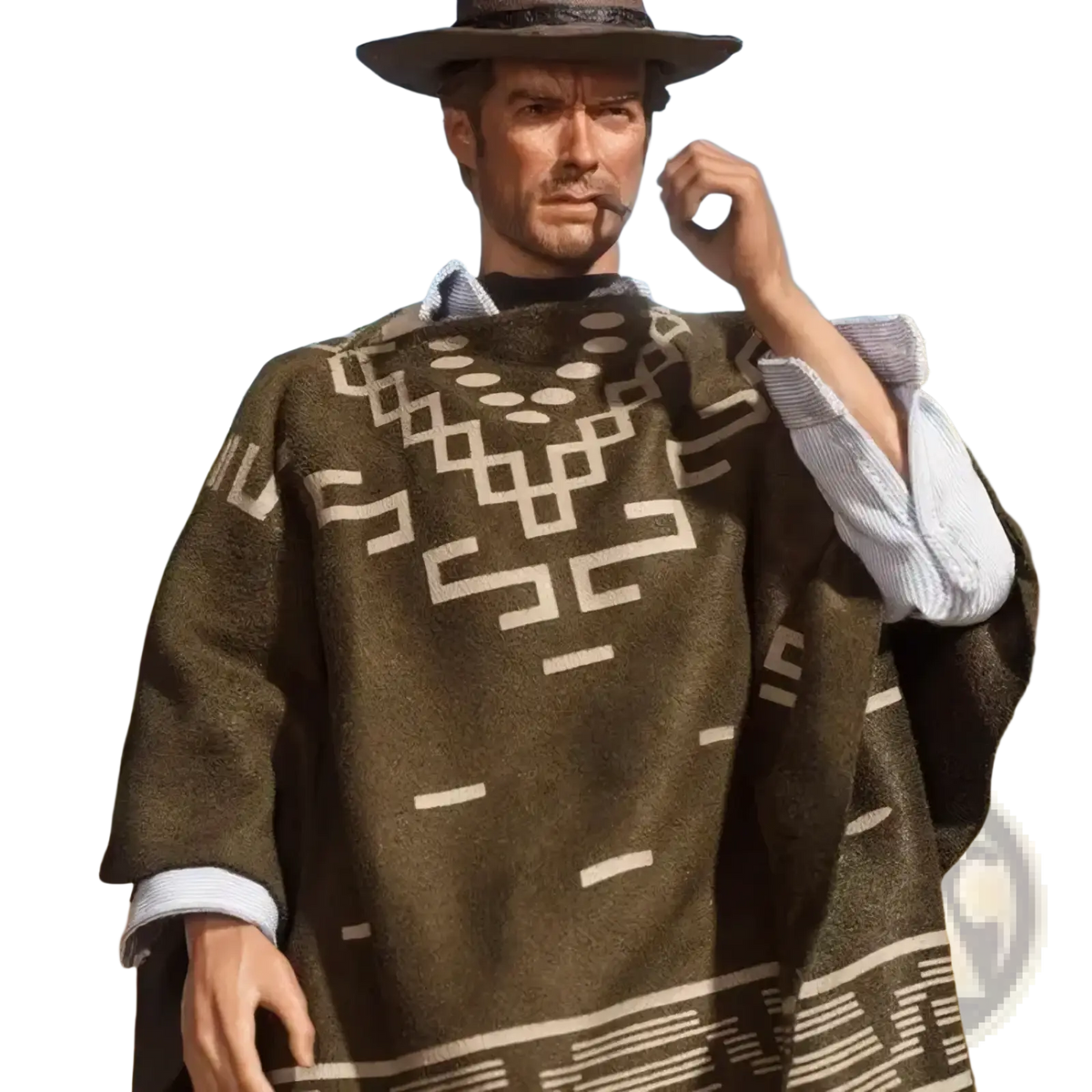 Men’s knitted fringed winter poncho shawl in olive green wool with cream geometric patterns and a wide-brimmed hat displayed