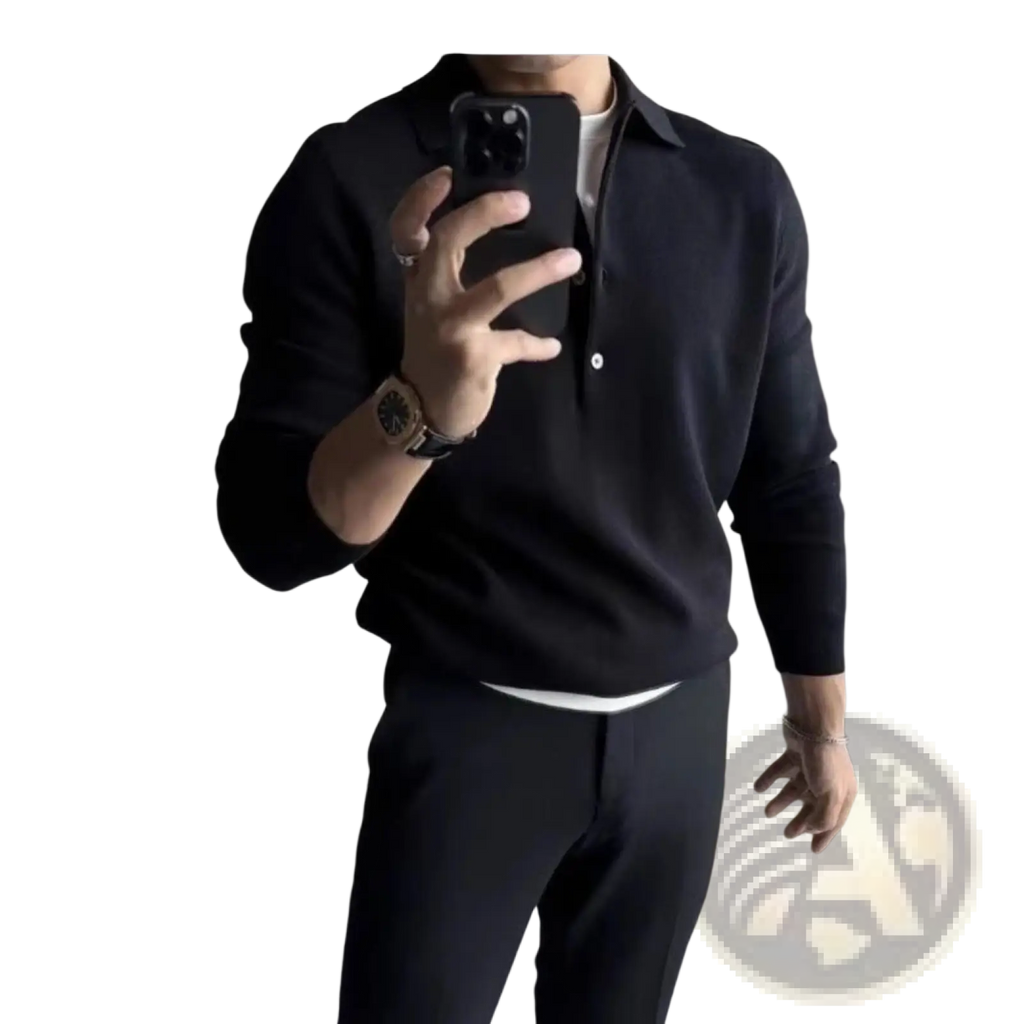 Men’s knitted long sleeve polo shirt slim fit in black with subtle ribbed texture and white button accents