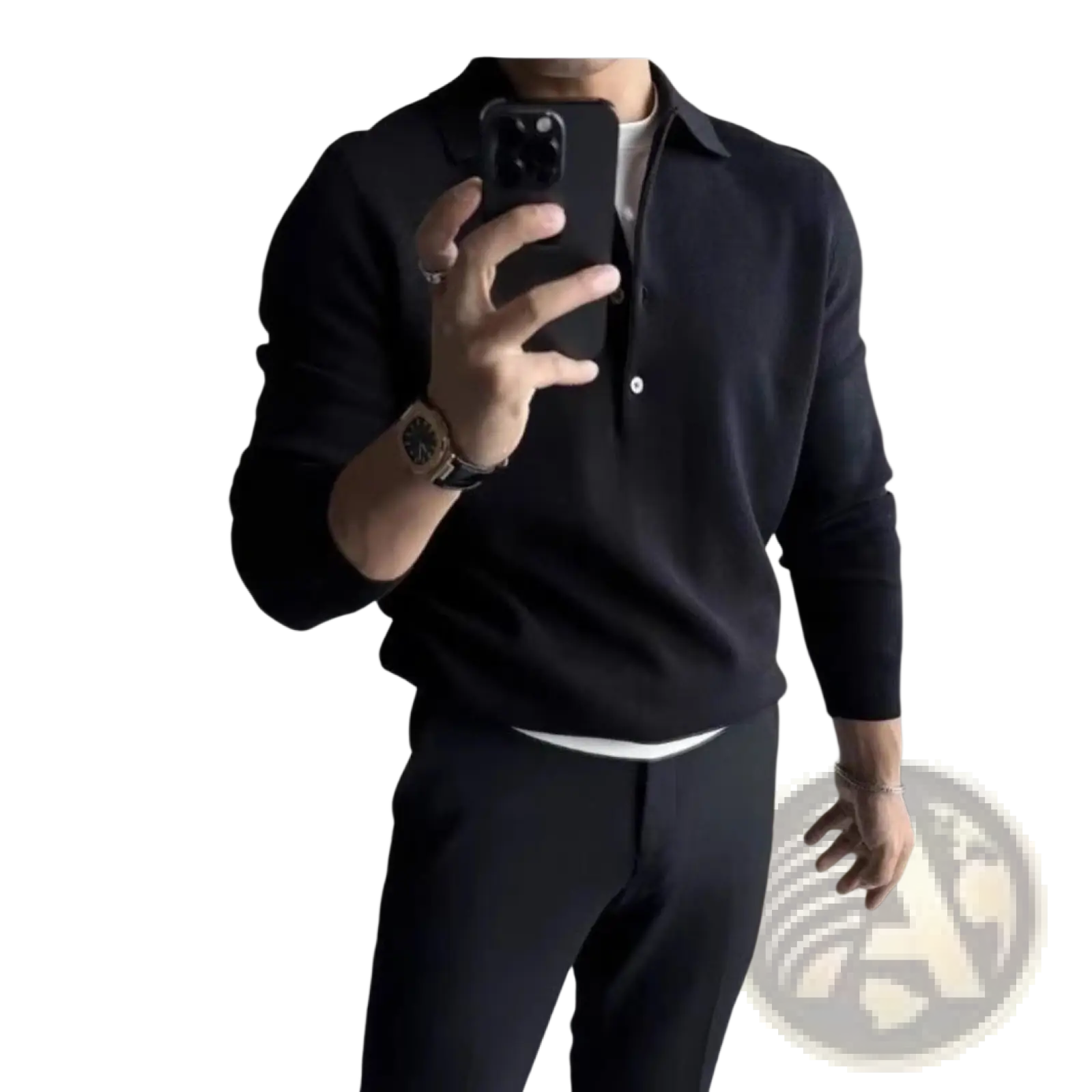 Men’s knitted long sleeve polo shirt slim fit in black with subtle ribbed texture and white button accents