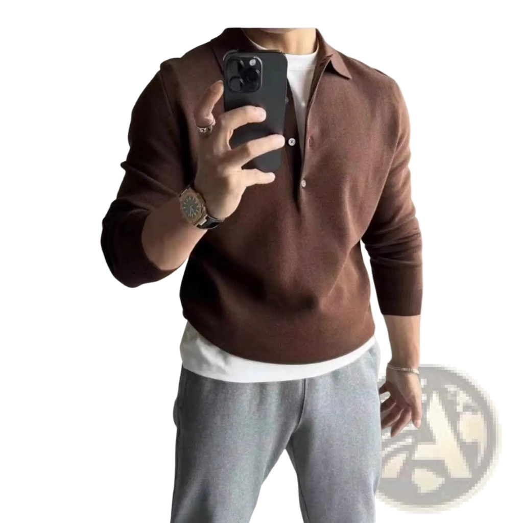 Men’s slim fit long-sleeve brown knit polo shirt with collar and button placket made from soft material