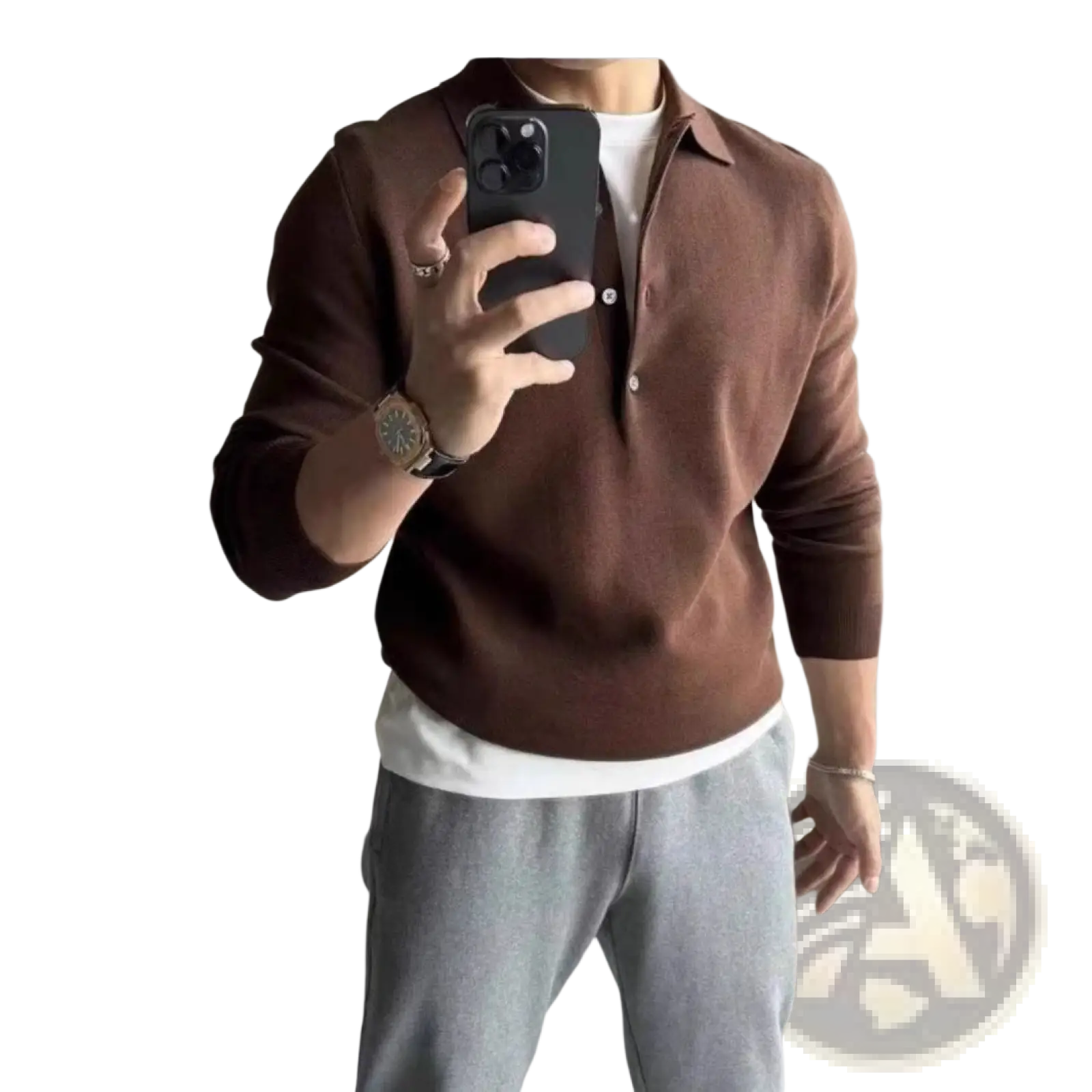 Men’s slim fit long-sleeve brown knit polo shirt with collar and button placket made from soft material
