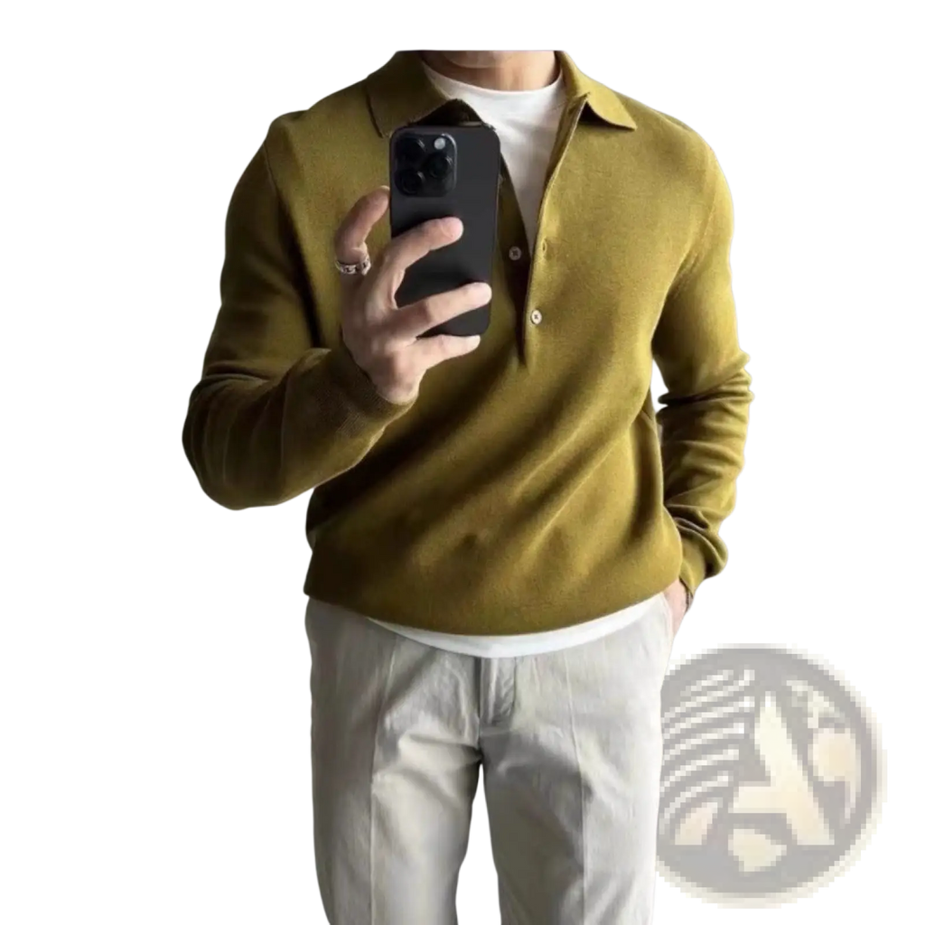 Olive green men’s knitted long sleeve polo shirt with buttoned placket and slim fit design