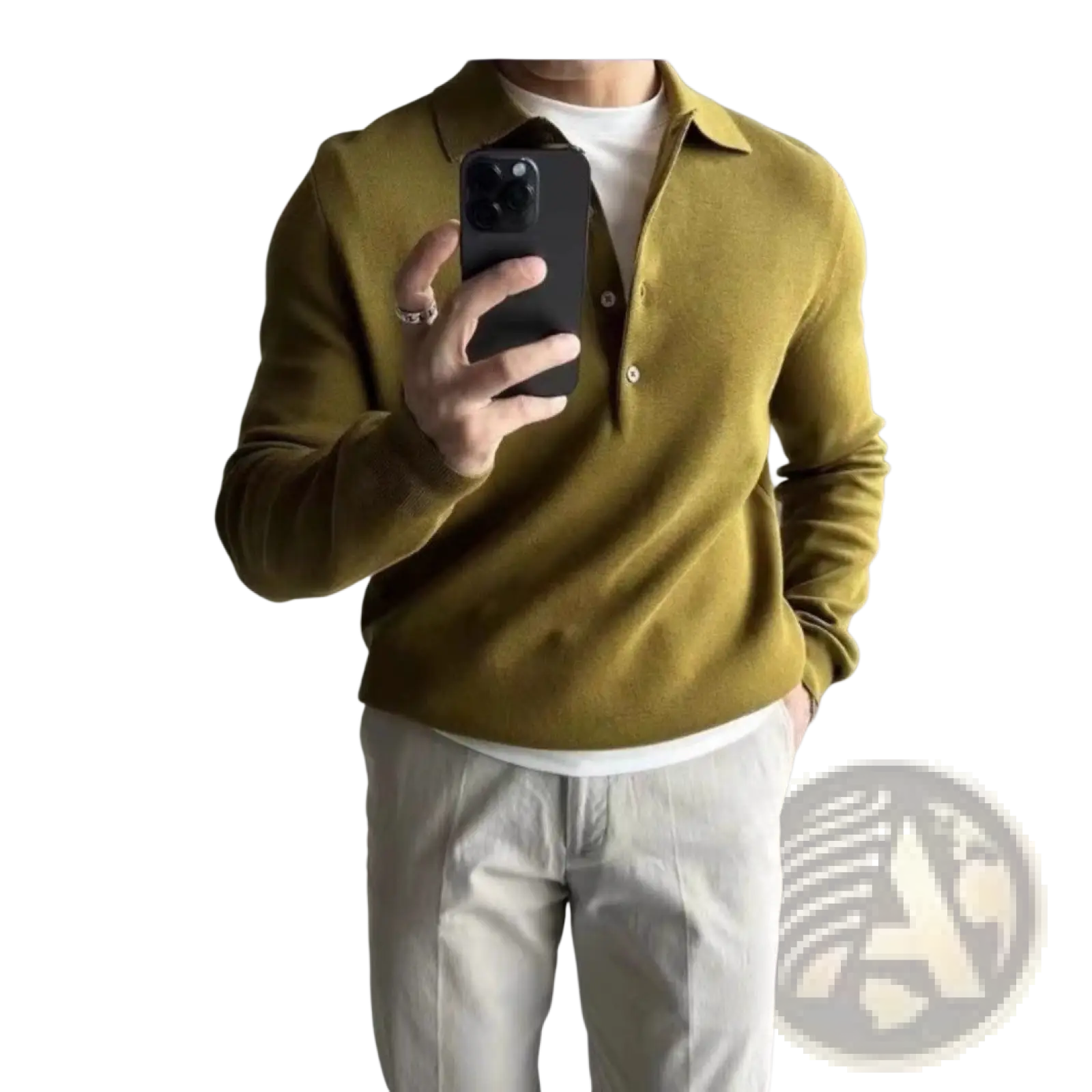 Olive green men’s knitted long sleeve polo shirt with buttoned placket and slim fit design