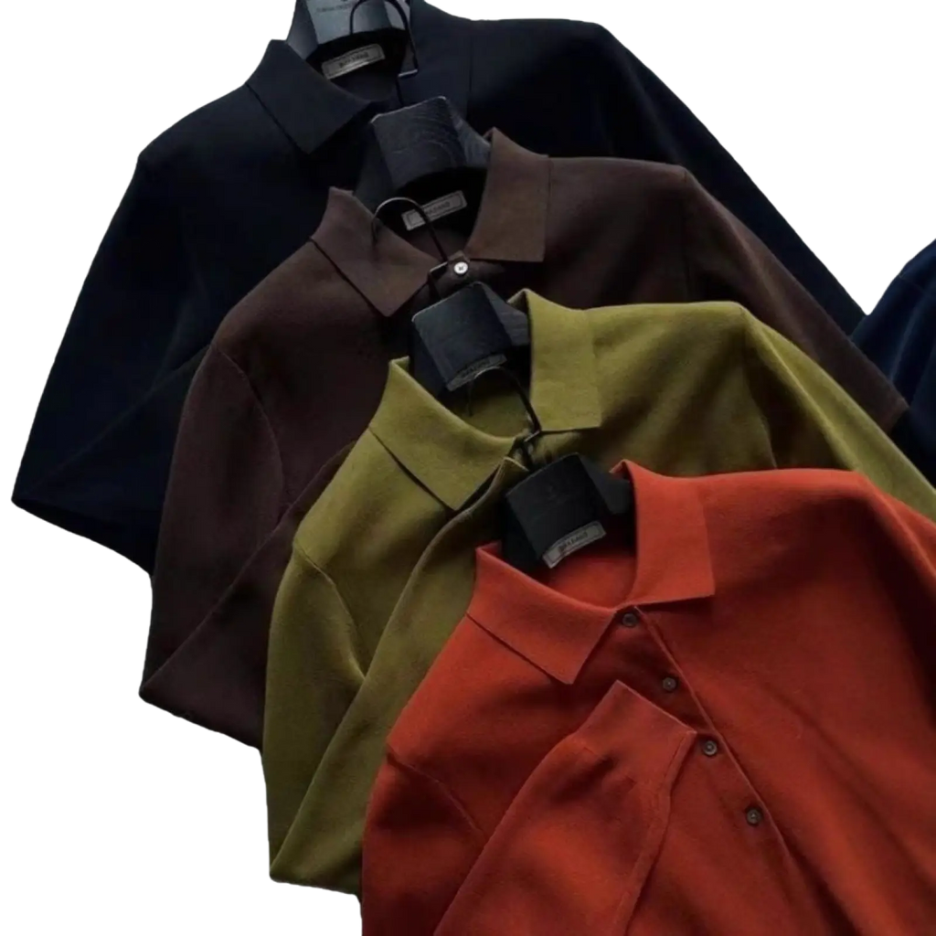 A stack of men’s knitted long sleeve polo shirts slim fit in black brown olive green and rust red hues