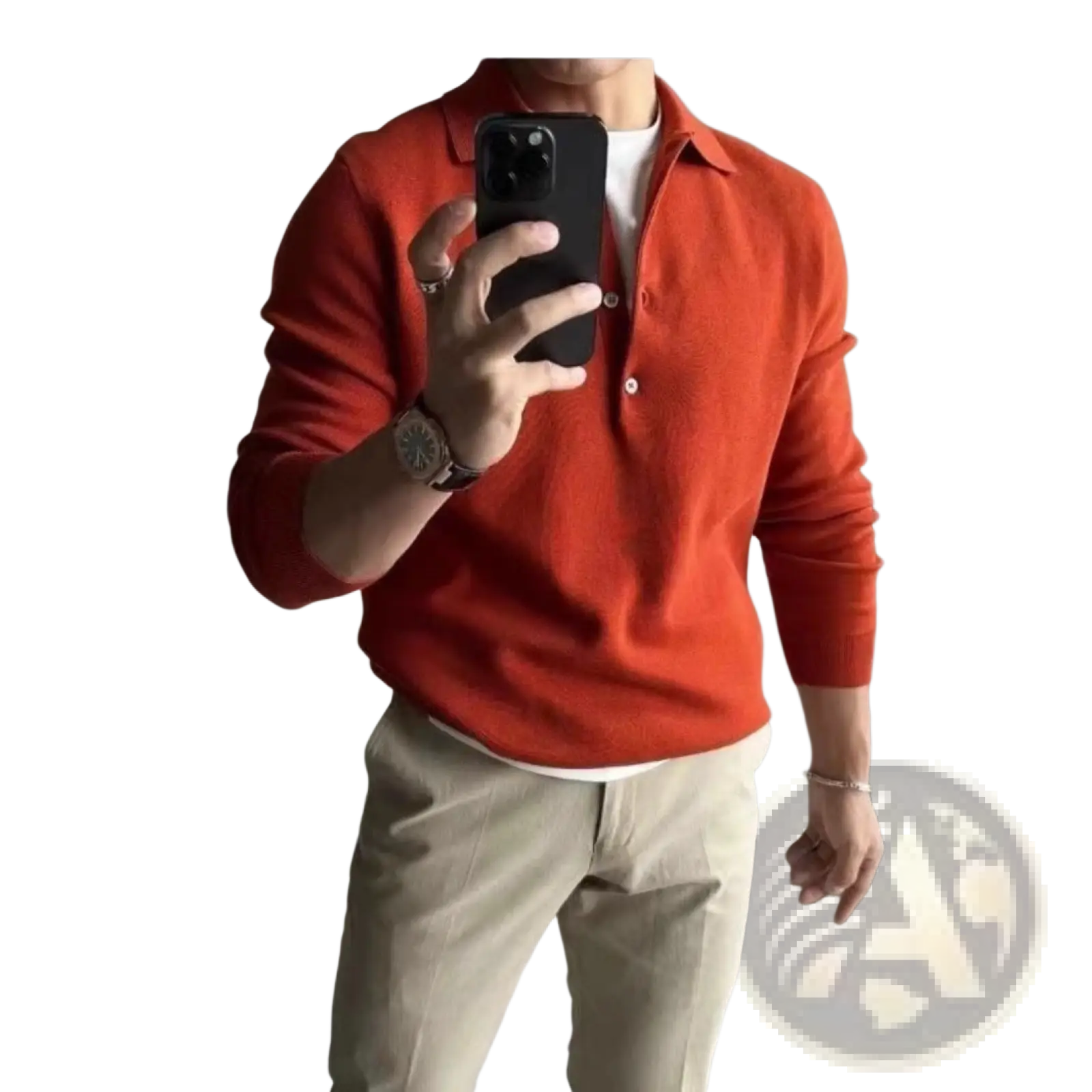 Men’s slim fit knitted long sleeve polo shirt in vibrant orange with classic collar and buttoned front made of soft knit fabric