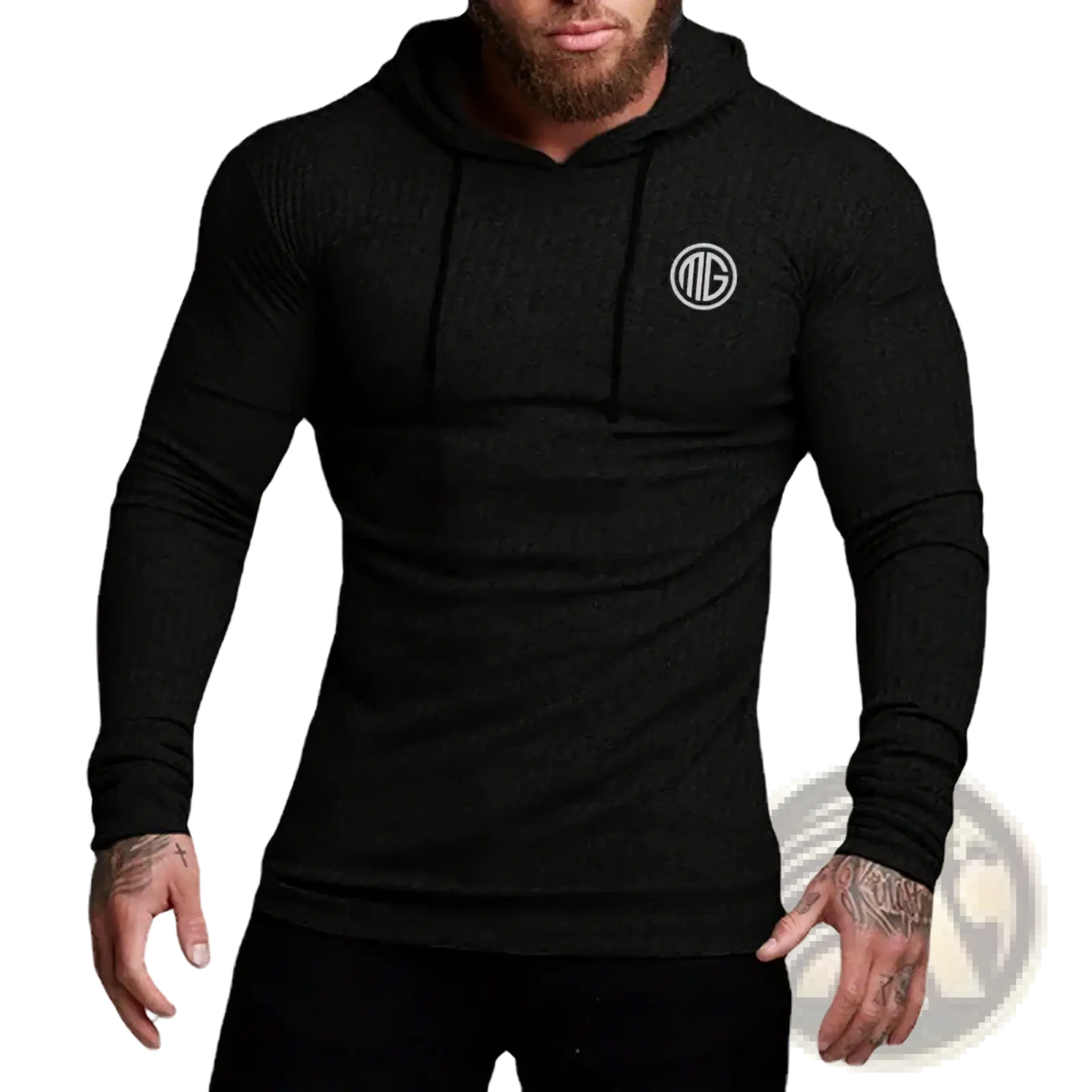 Mens knitted pullover hoodie slim fit jumper in black textured fabric with long sleeves and white circular chest logo