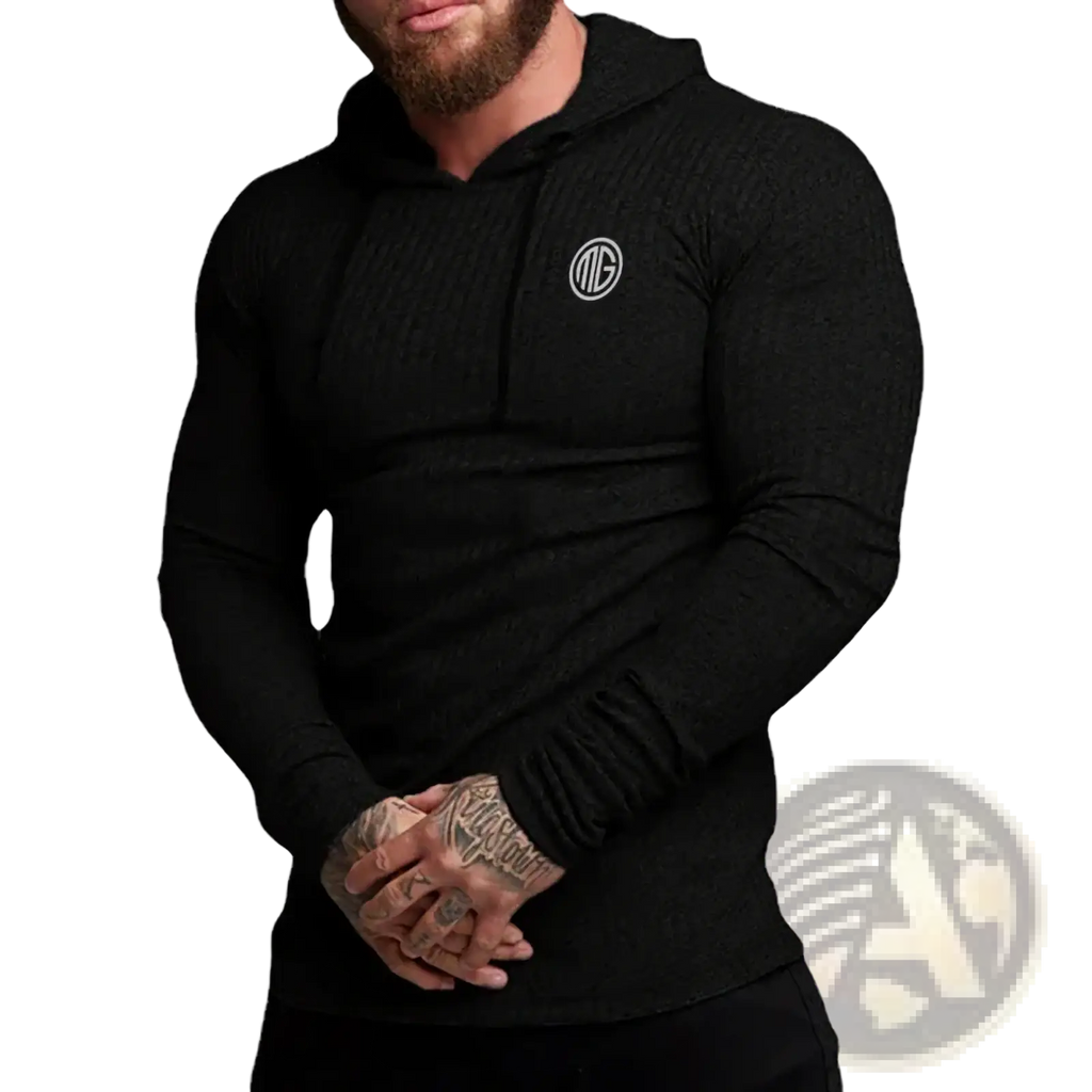 Mens knitted pullover hoodie slim fit long-sleeved black textured jumper with white circular logo on chest