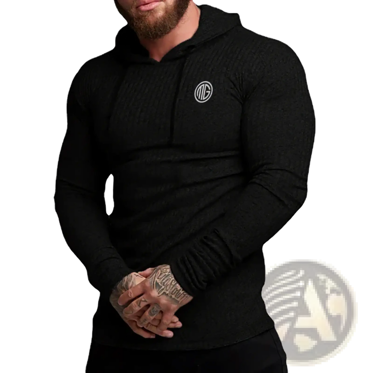 Mens knitted pullover hoodie slim fit long-sleeved black textured jumper with white circular logo on chest