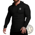 Black knitted mens slim fit pullover hoodie with textured long sleeves and a subtle circular logo on the chest
