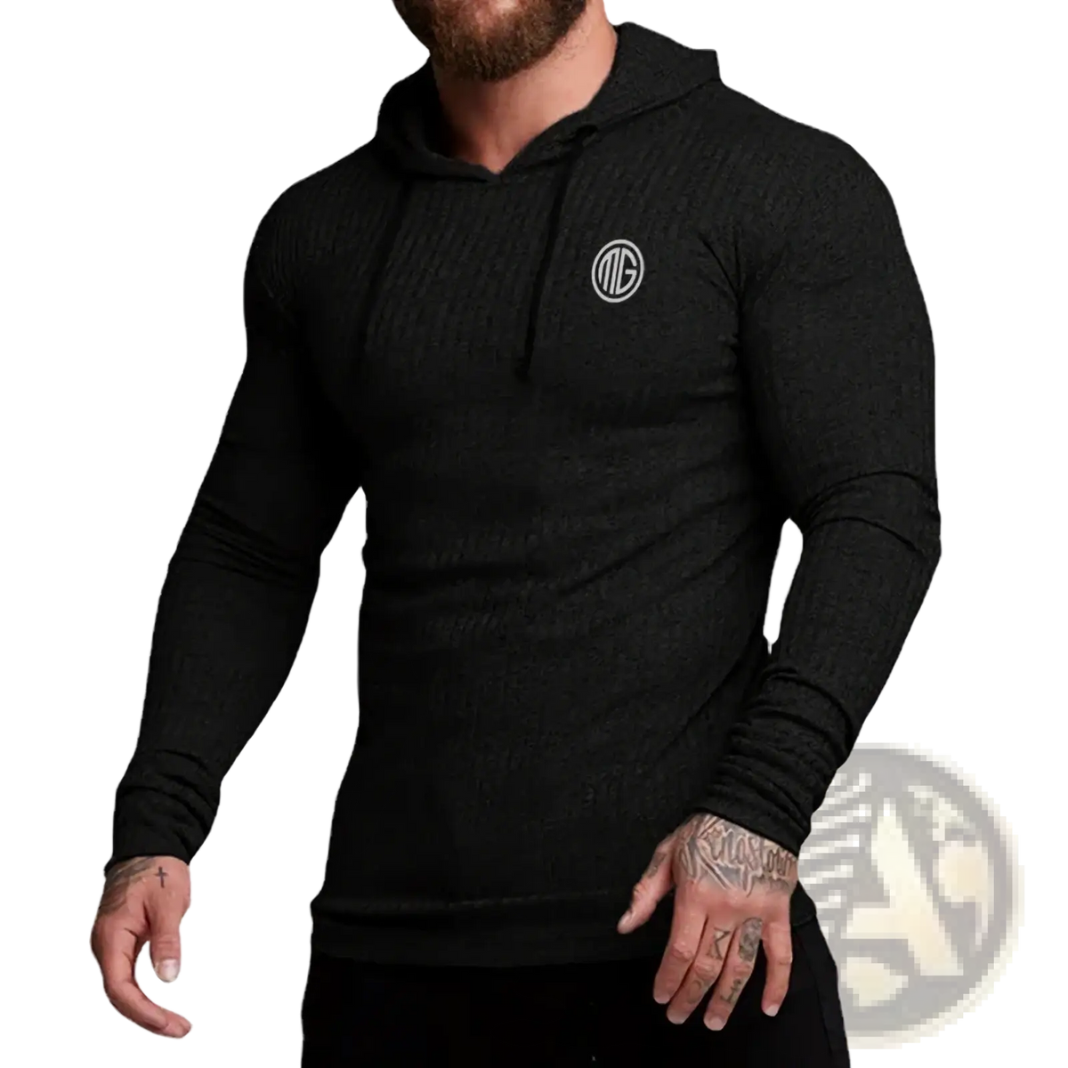 Black knitted mens slim fit pullover hoodie with textured long sleeves and a subtle circular logo on the chest