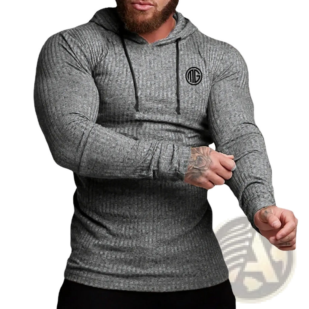 Mens gray ribbed knitted pullover hoodie with slim fit long sleeves black drawstrings and circular chest logo