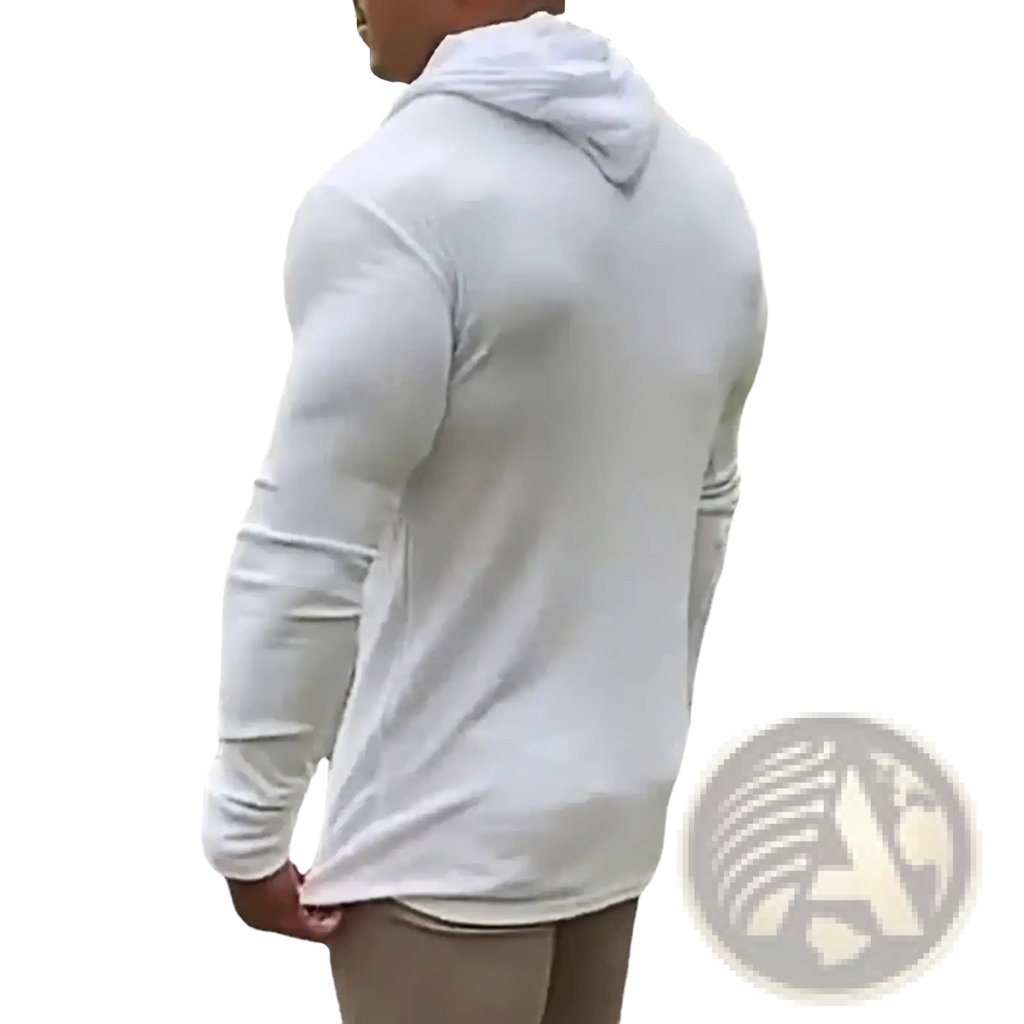 Mens knitted pullover hoodie slim fit jumper in white with long sleeves hood and subtle ribbed cuffs