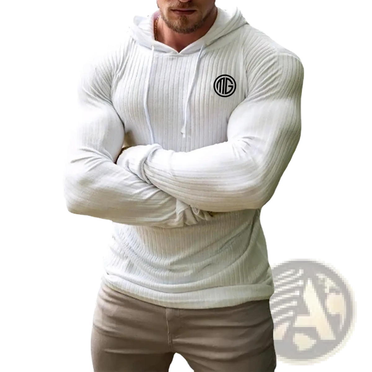 Mens knitted pullover hoodie slim fit jumper in white ribbed fabric with long sleeves and a black circular chest logo