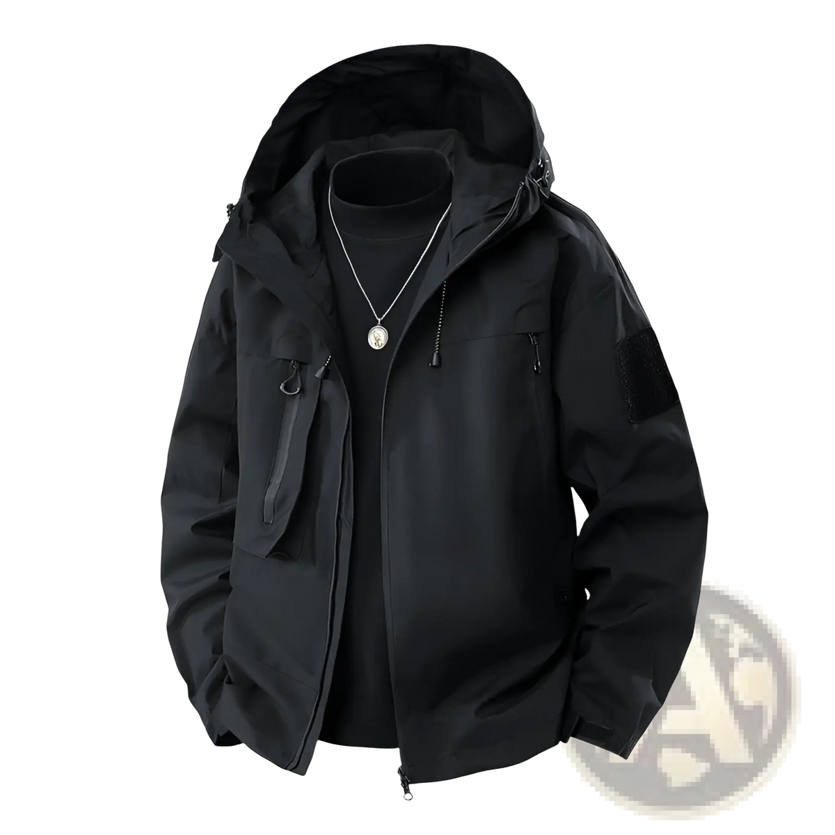 Mens korean slim fit black tactical waterproof hooded jacket with zippered pockets and sleeve patch