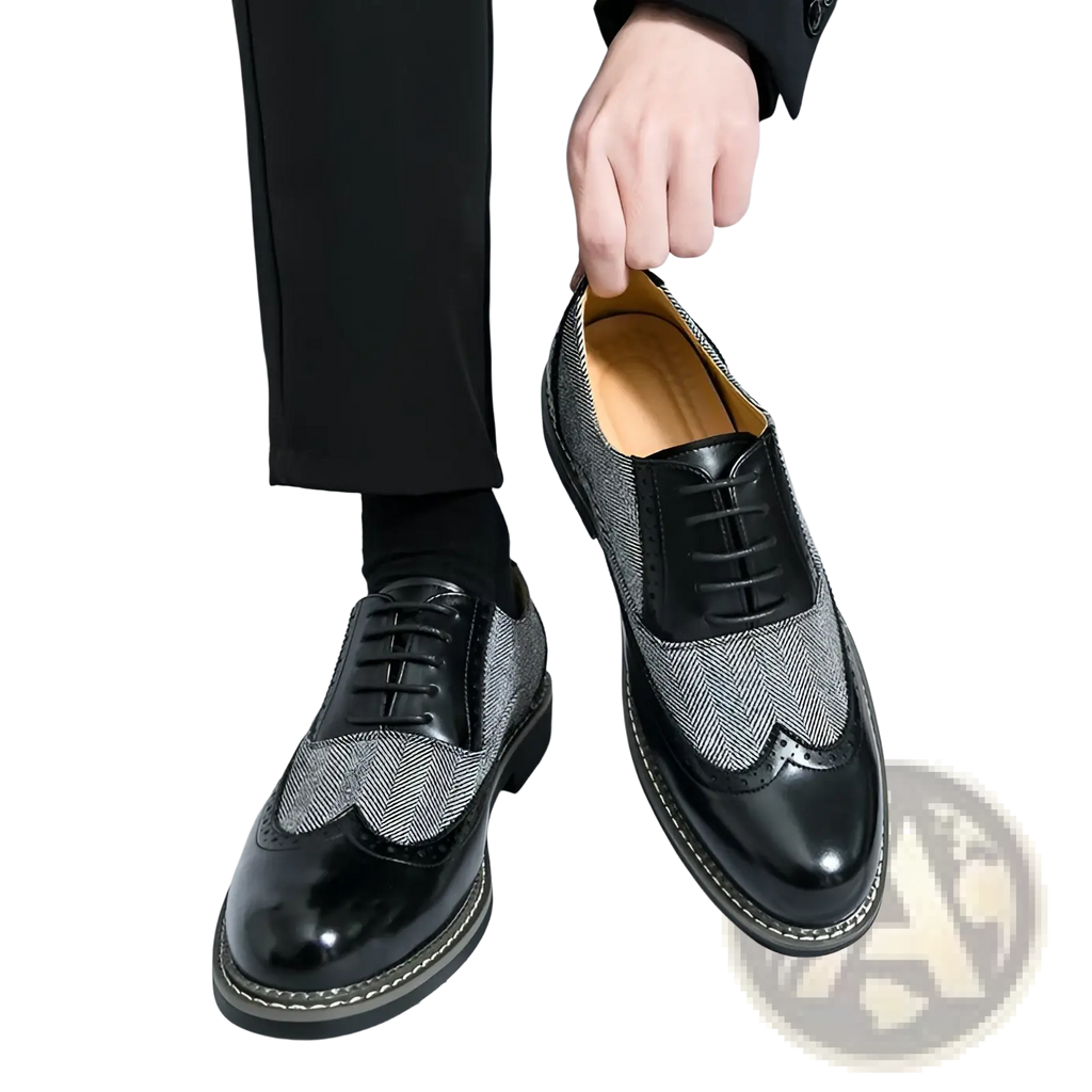 Black and gray herringbone wingtip oxford shoes with glossy leather accents men’s Korean style woven brogue high tops