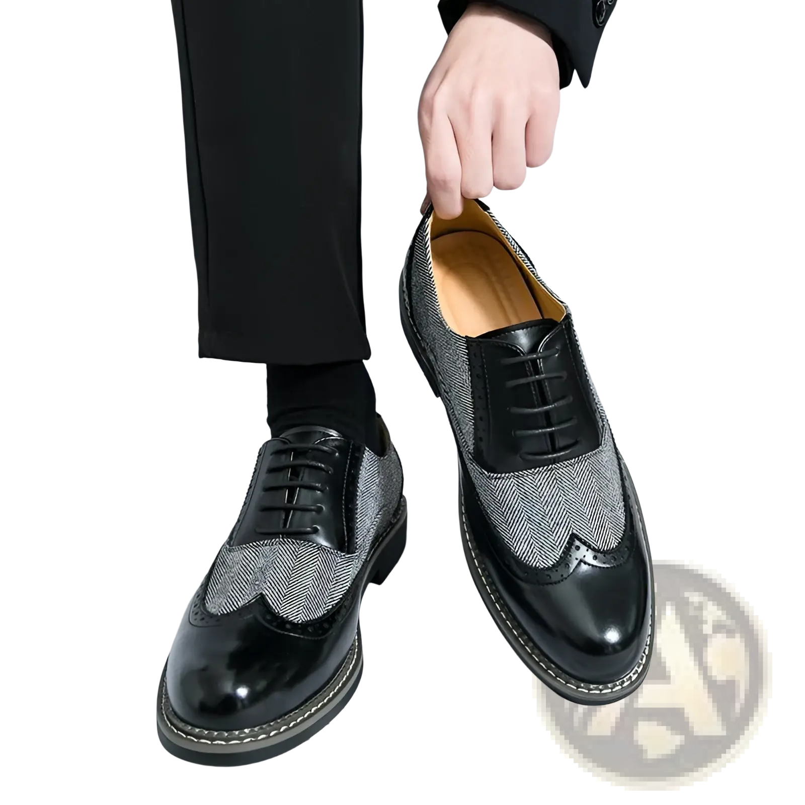 Black and gray herringbone wingtip oxford shoes with glossy leather accents men’s Korean style woven brogue high tops