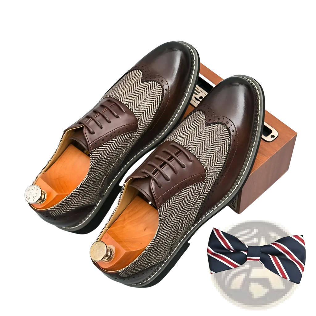 Men’s Korean style brown leather brogue high top shoes with herringbone fabric panels and black laces