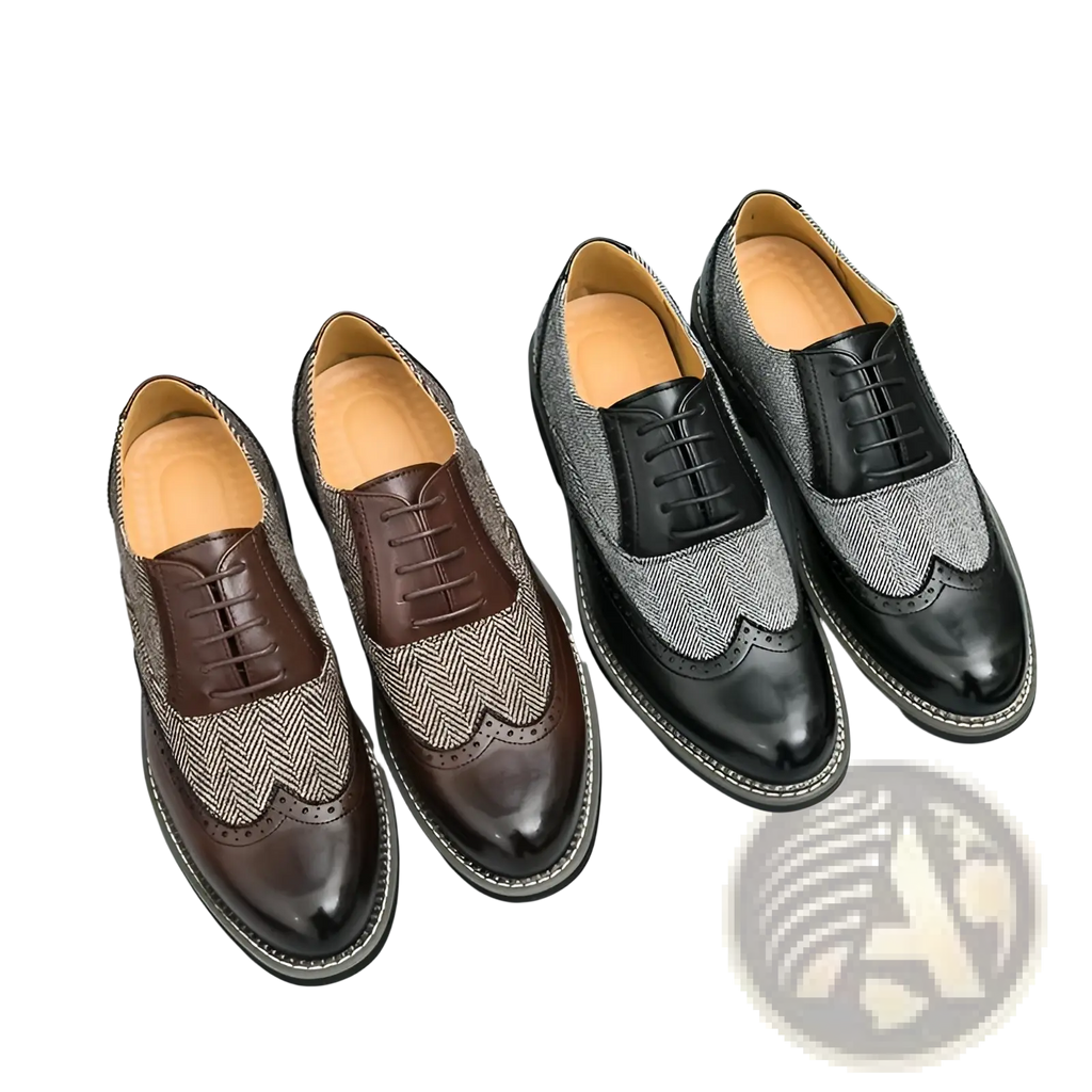 Men’s korean style woven leather brogue high top shoes featuring brown and gray herringbone pattern with black patent toe caps