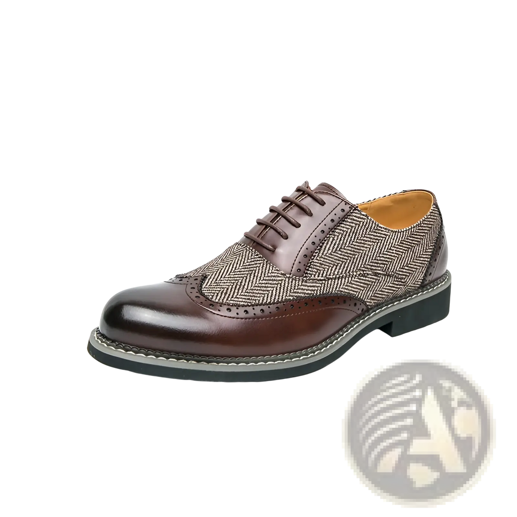 Men’s Korean style brown leather brogue high top shoe with herringbone fabric overlay on toe and side panels
