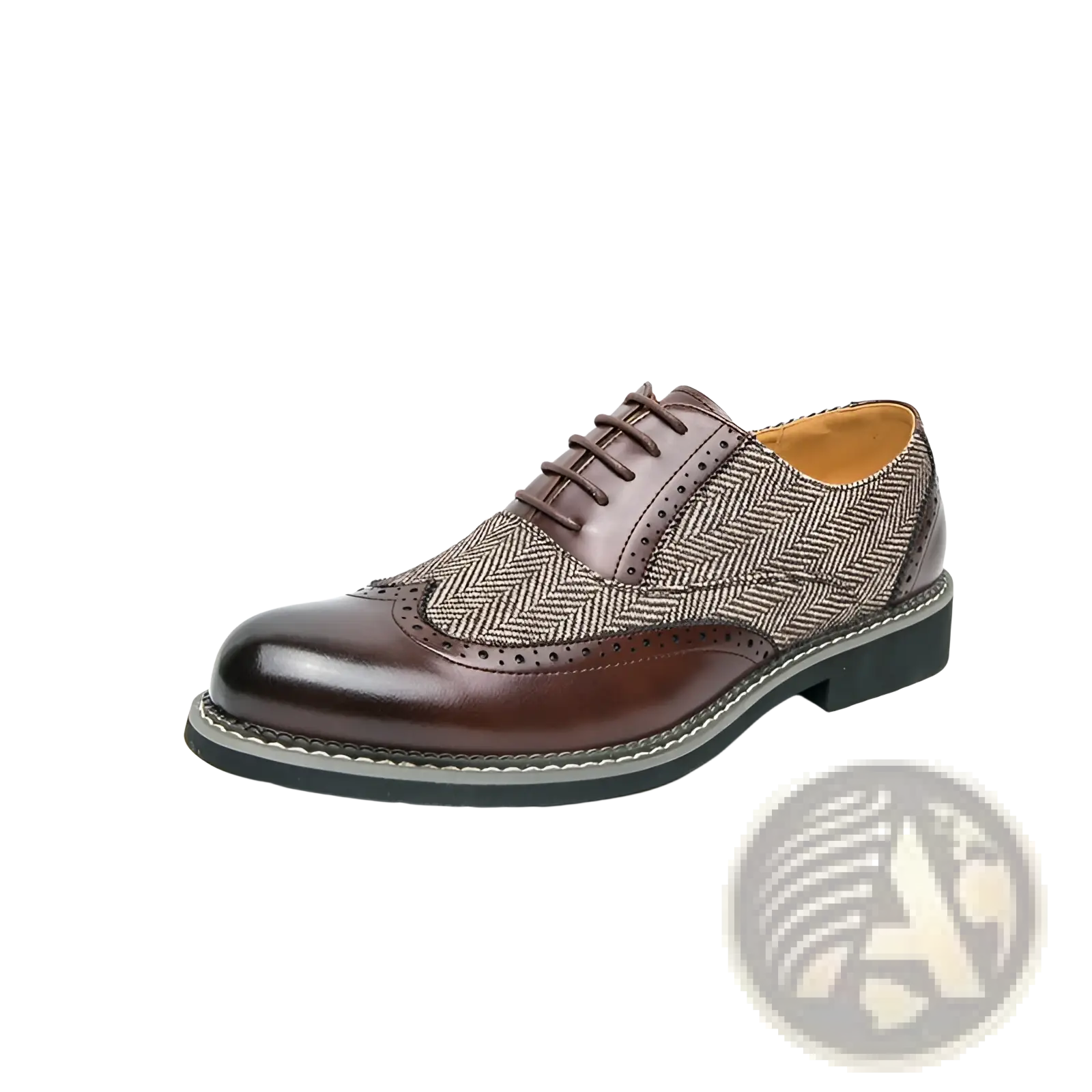 Men’s Korean style brown leather brogue high top shoe with herringbone fabric overlay on toe and side panels