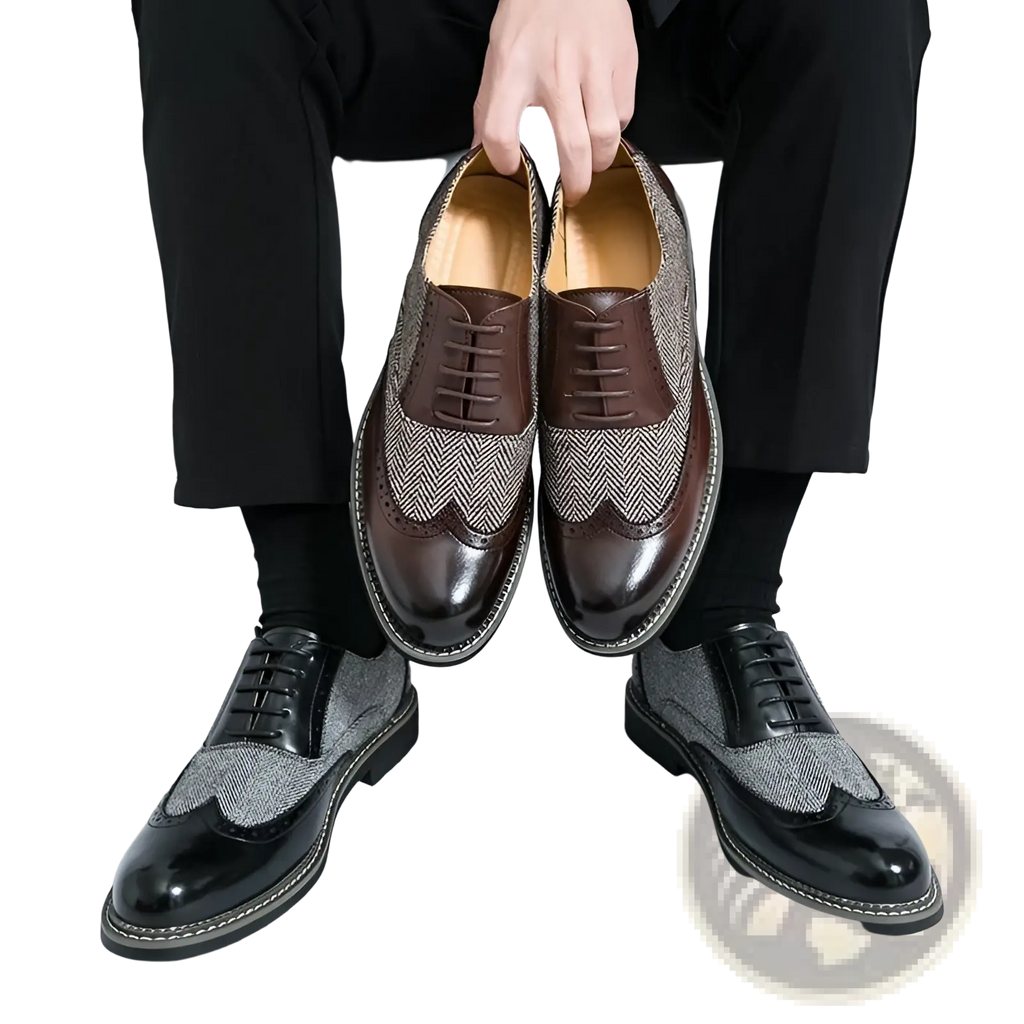 Men’s Korean style woven leather brogue high top shoes with brown and gray herringbone wingtip polished accents