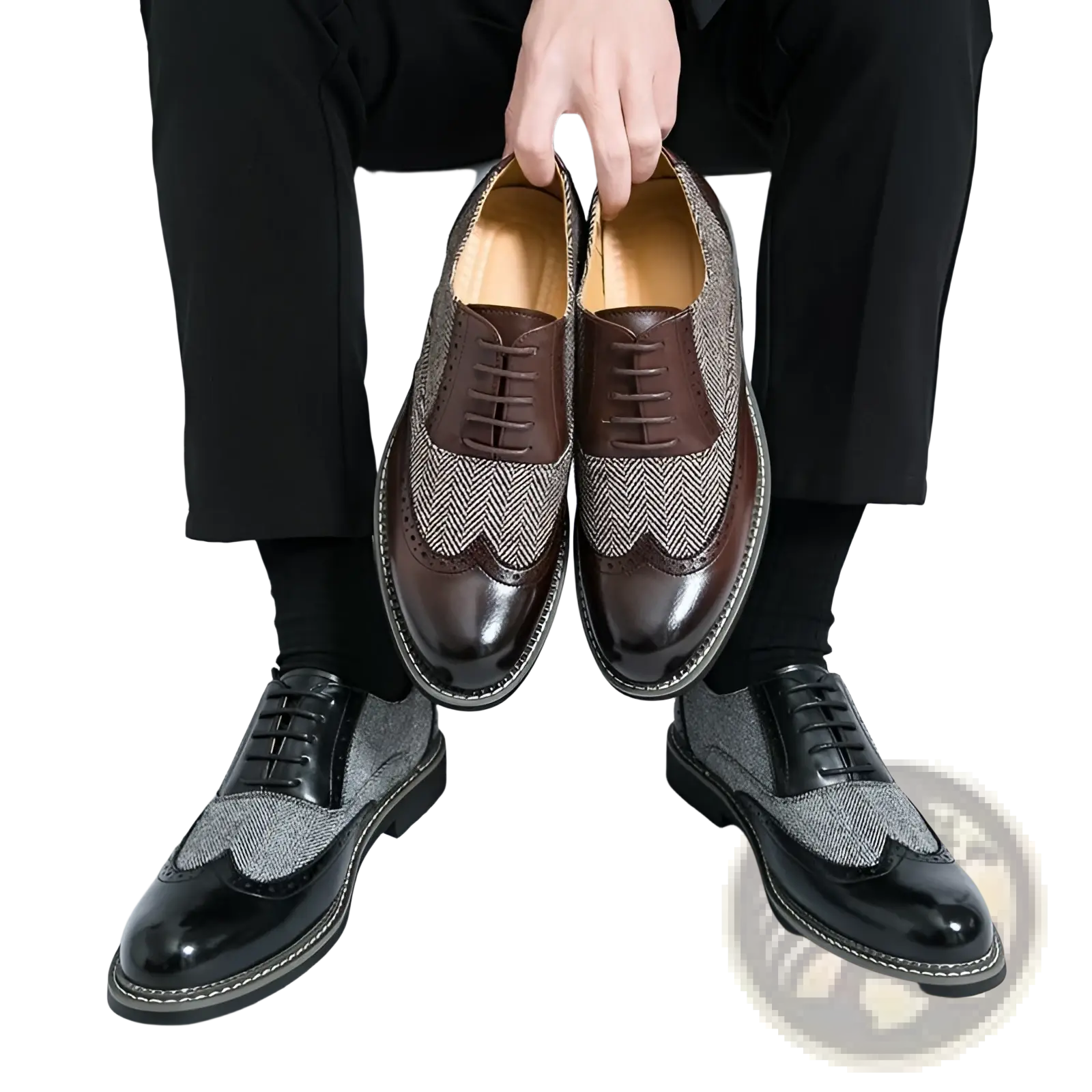 Men’s Korean style woven leather brogue high top shoes with brown and gray herringbone wingtip polished accents