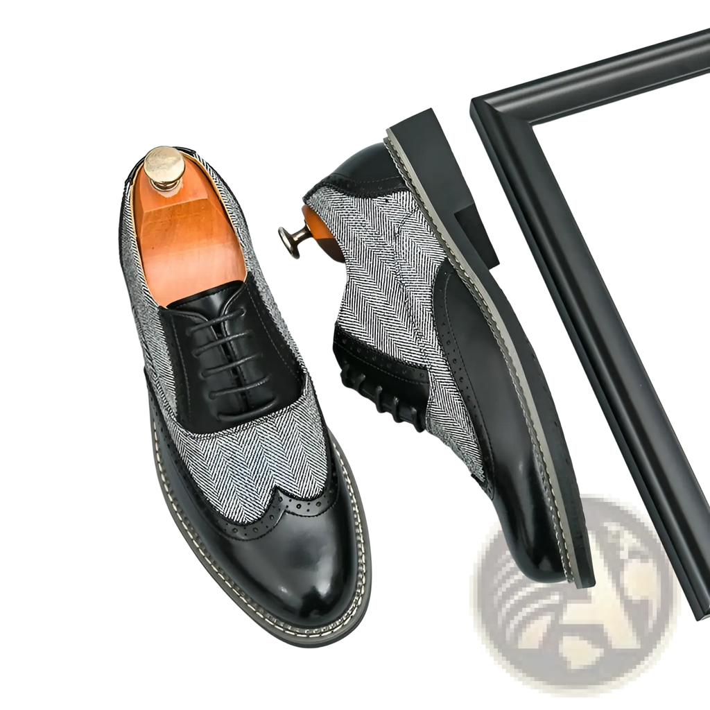 Men’s korean style woven leather brogue high top shoes in black and gray herringbone pattern with polished leather accents