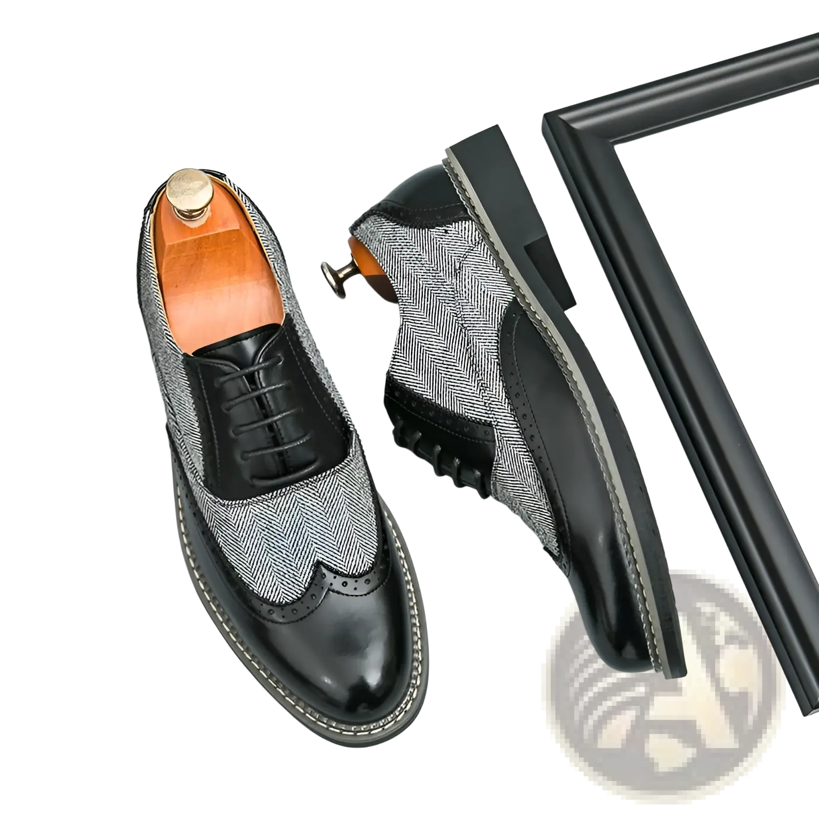 Men’s korean style woven leather brogue high top shoes in black and gray herringbone pattern with polished leather accents