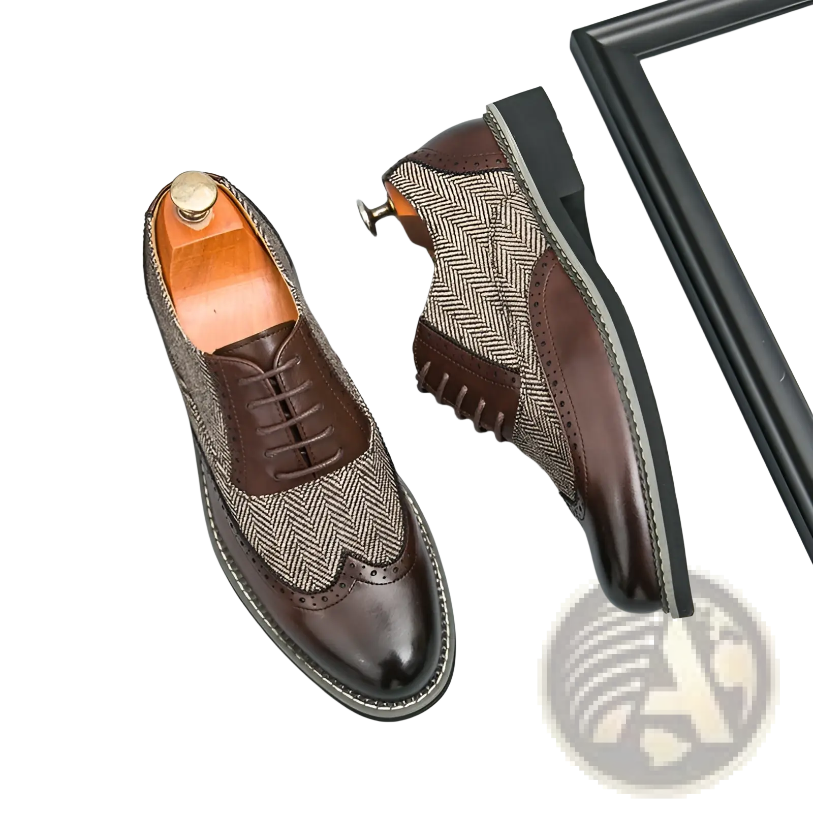 Men’s korean style brown leather woven brogue wingtip oxford shoes with herringbone pattern and high top design