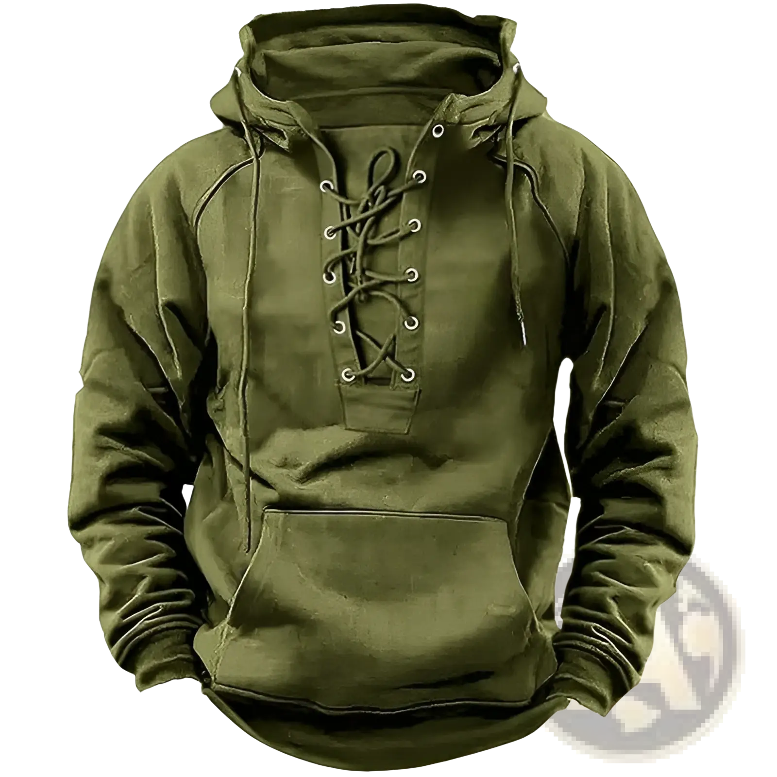 Men’s olive green cotton pullover hoodie with lace-up front and kangaroo pocket for casual wear