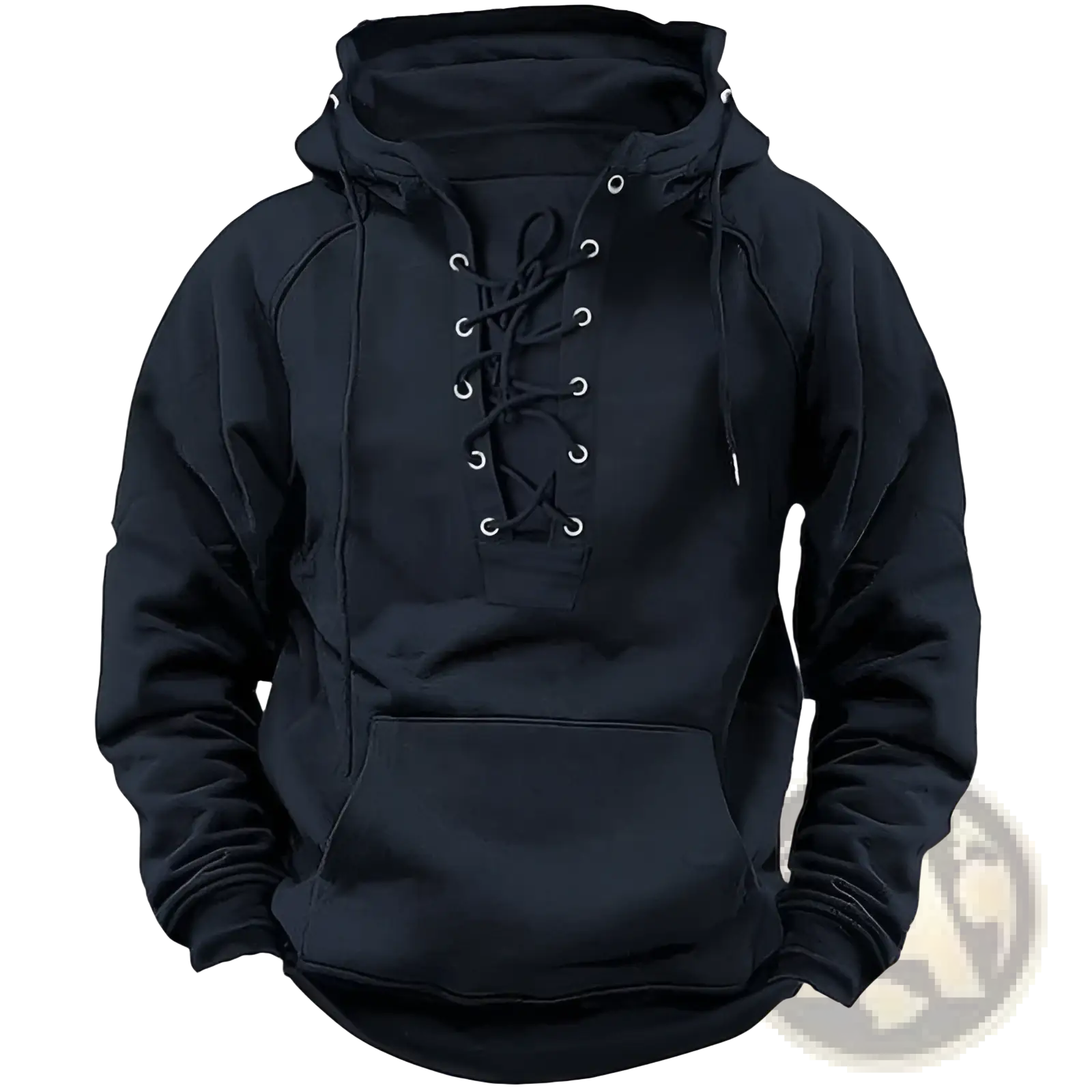 Black cotton men’s pullover hoodie with lace-up front drawstring hood and kangaroo pocket displayed from back side
