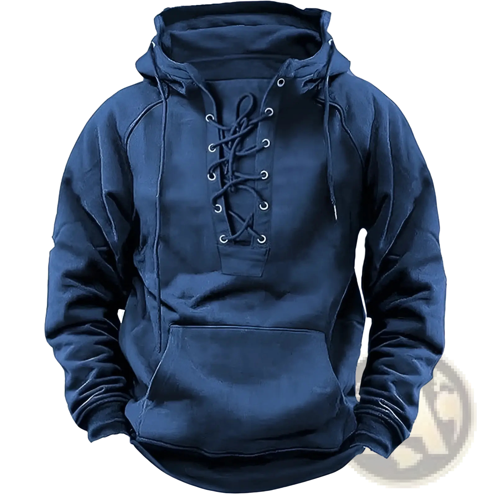 Men’s dark blue cotton pullover hoodie with lace-up front and kangaroo pocket for casual wear