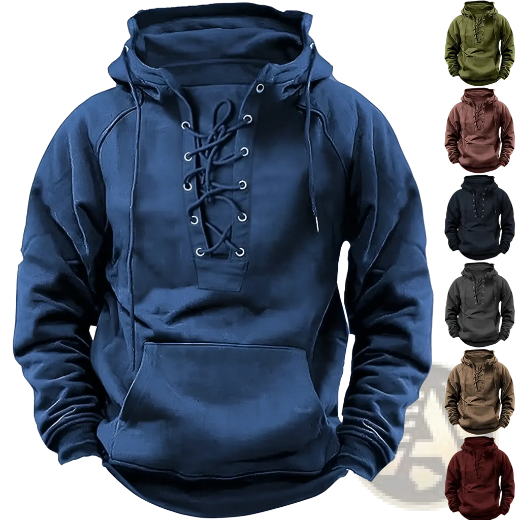 Men’s navy blue cotton pullover hoodie with lace-up front, drawstring hood, and kangaroo pocket