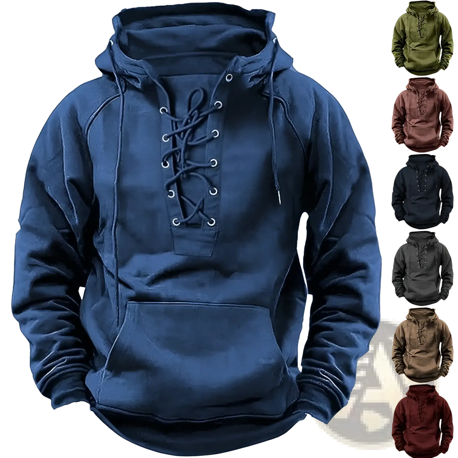 Men’s navy blue cotton pullover hoodie with lace-up front, drawstring hood, and kangaroo pocket