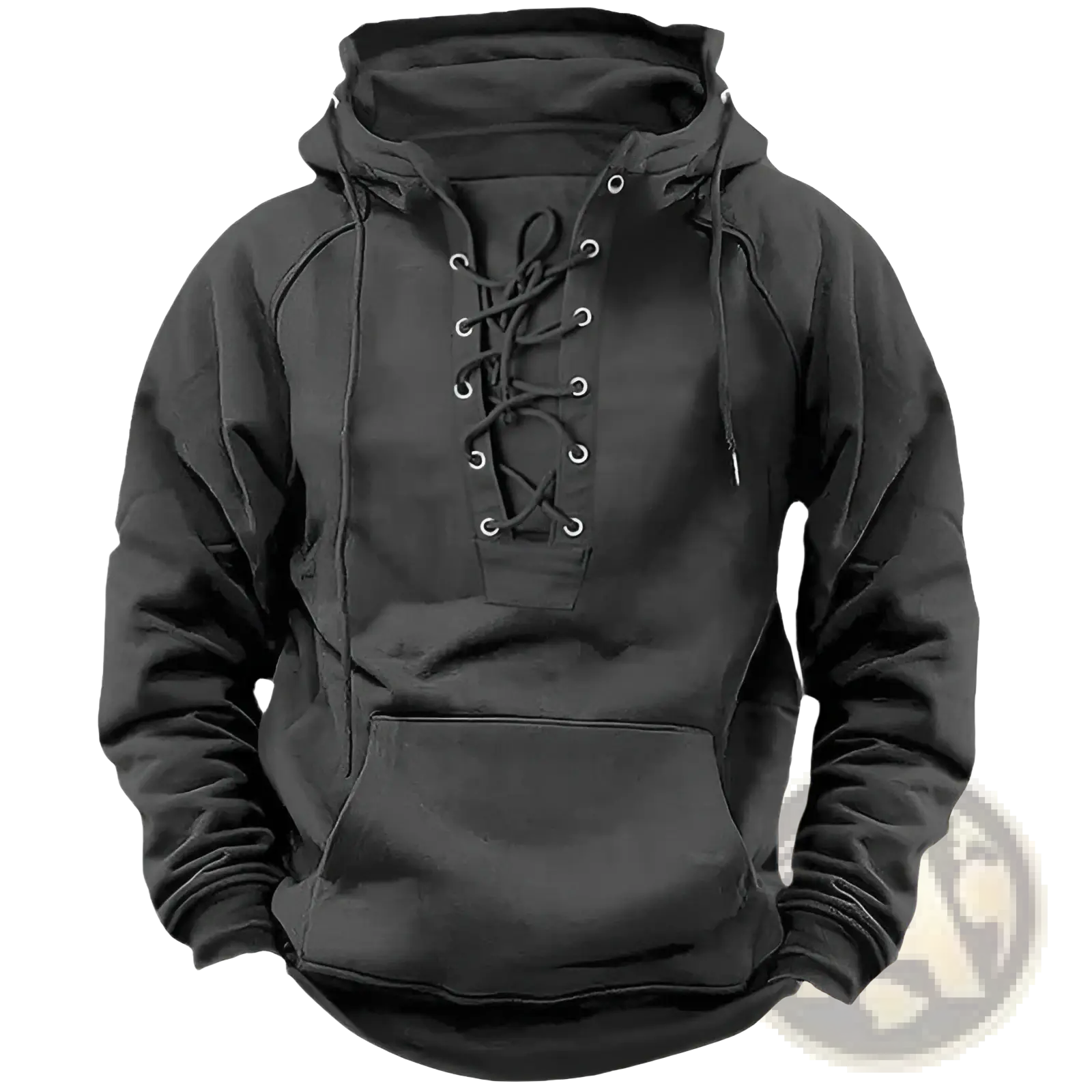 Black cotton men’s pullover hoodie with lace-up front and kangaroo pocket for casual wear