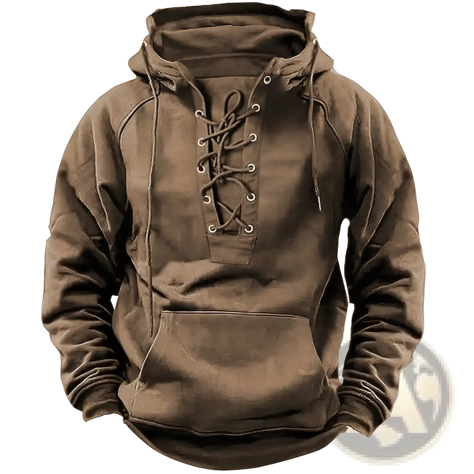 Men’s brown lace up cotton pullover hoodie with kangaroo pocket and hood for casual wear