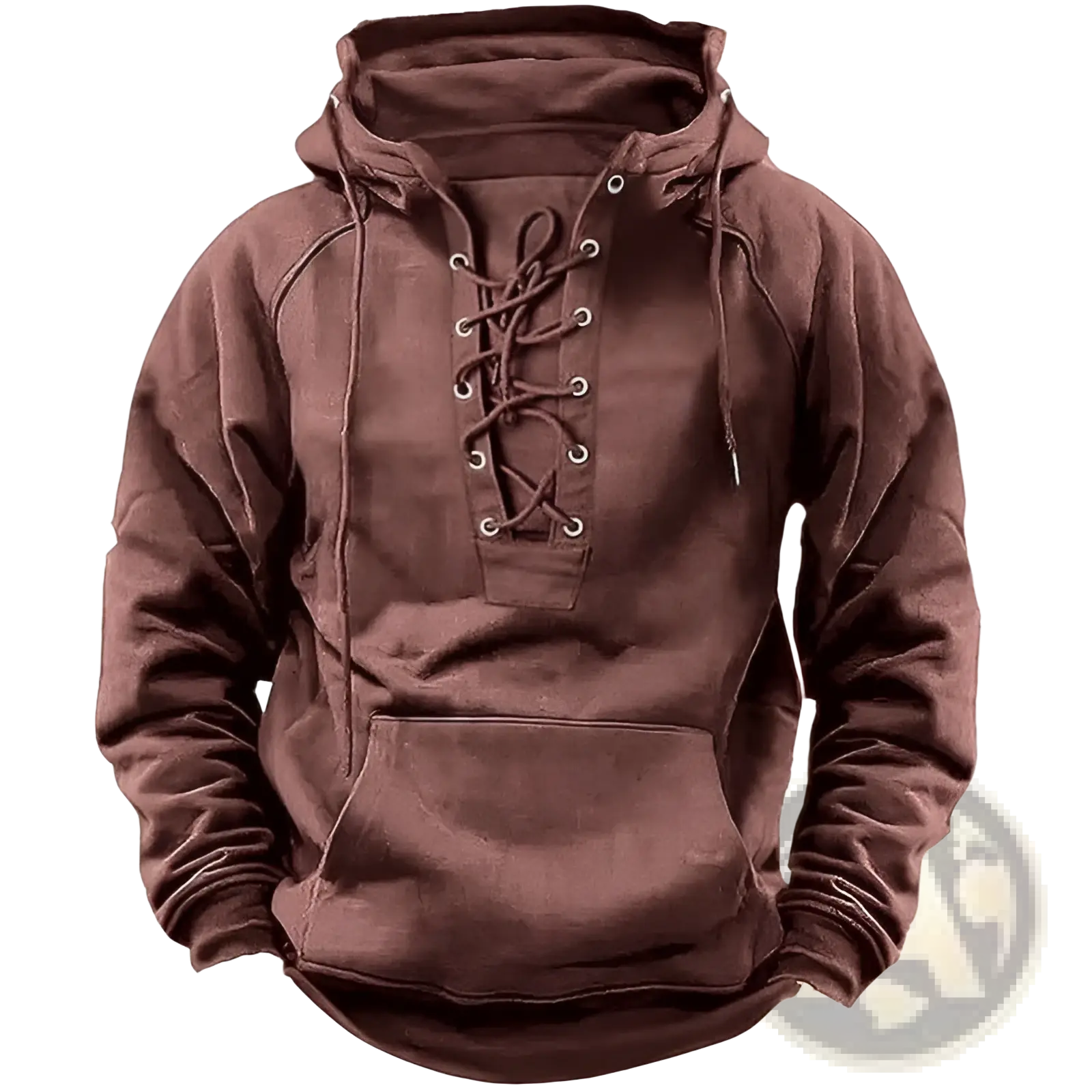 Brown cotton men’s pullover hoodie with lace-up front and kangaroo pocket for casual wear