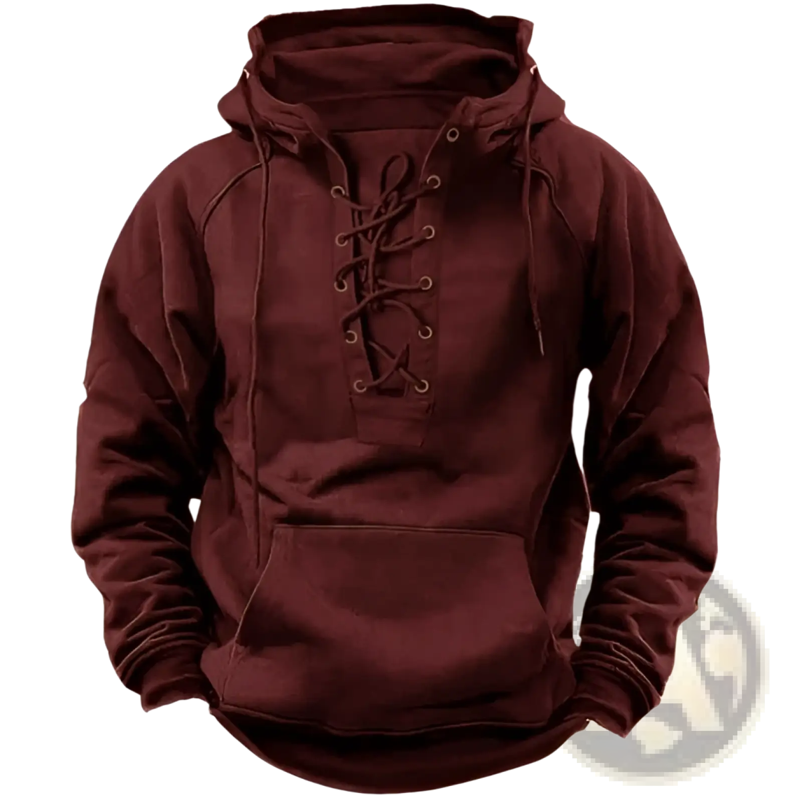 Men’s maroon cotton pullover hoodie with lace up front and kangaroo pocket for casual wear