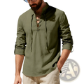 Men’s olive green long-sleeved linen henley shirt with lace-up front and roll up sleeves