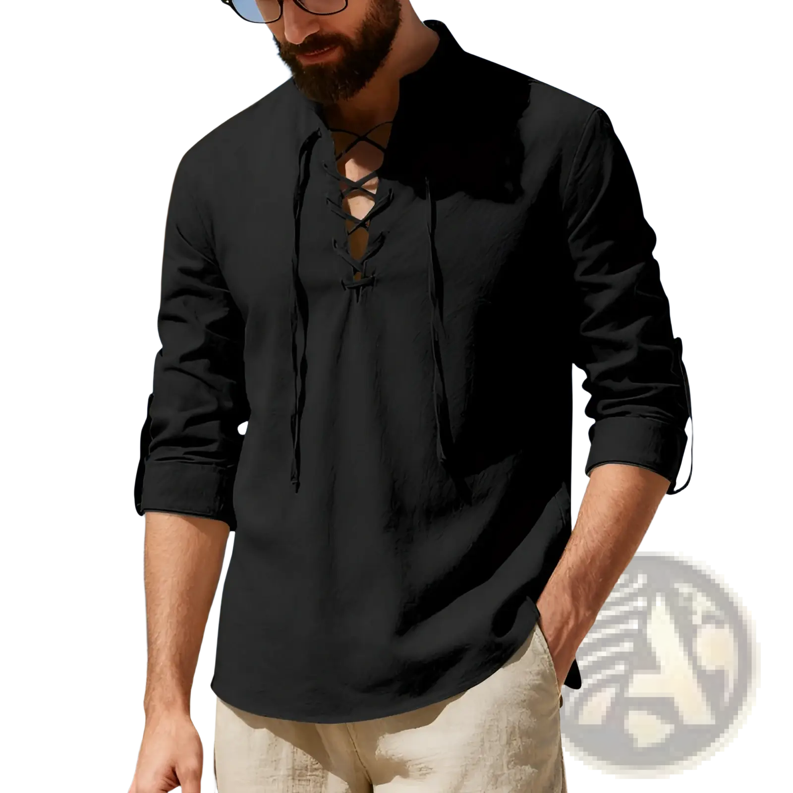 Men’s black long-sleeved lace up linen henley shirt with rolled cuffs and relaxed fit for casual wear