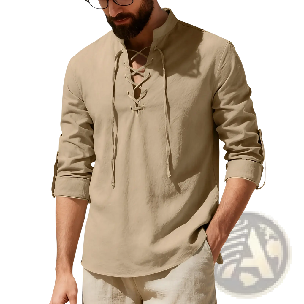 Beige men’s lace up linen henley shirt with long sleeves rolled up and a relaxed fit design